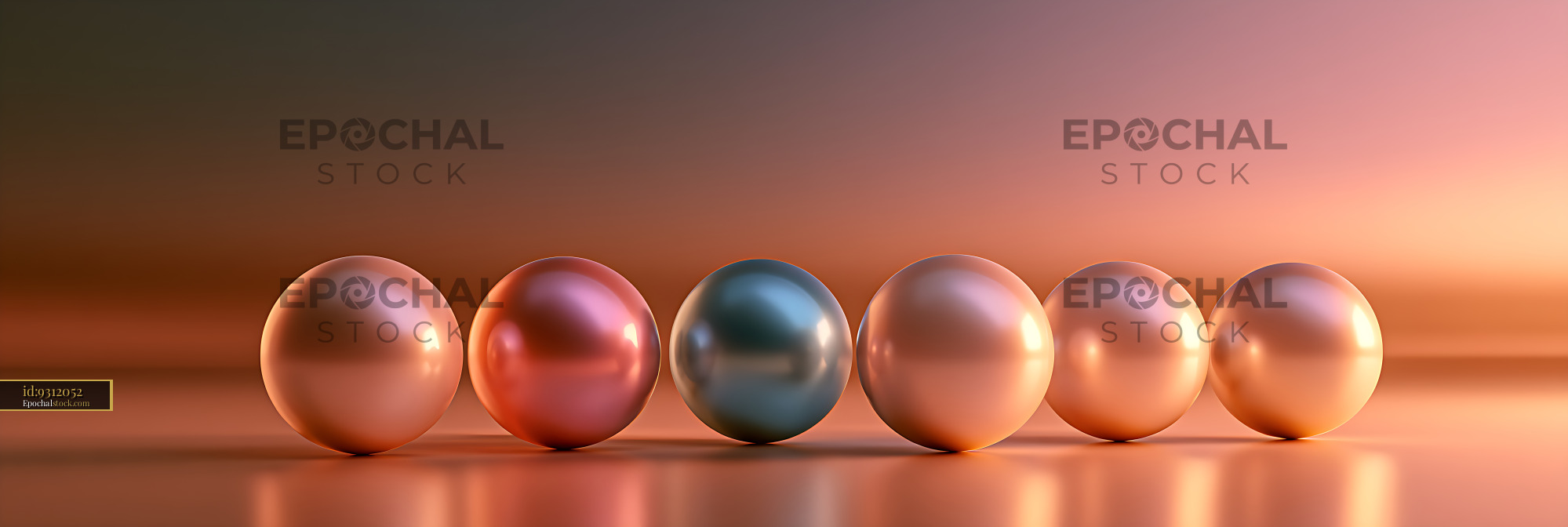 Watermarked full-resolution preview of Row of six glossy spheres with reflections
