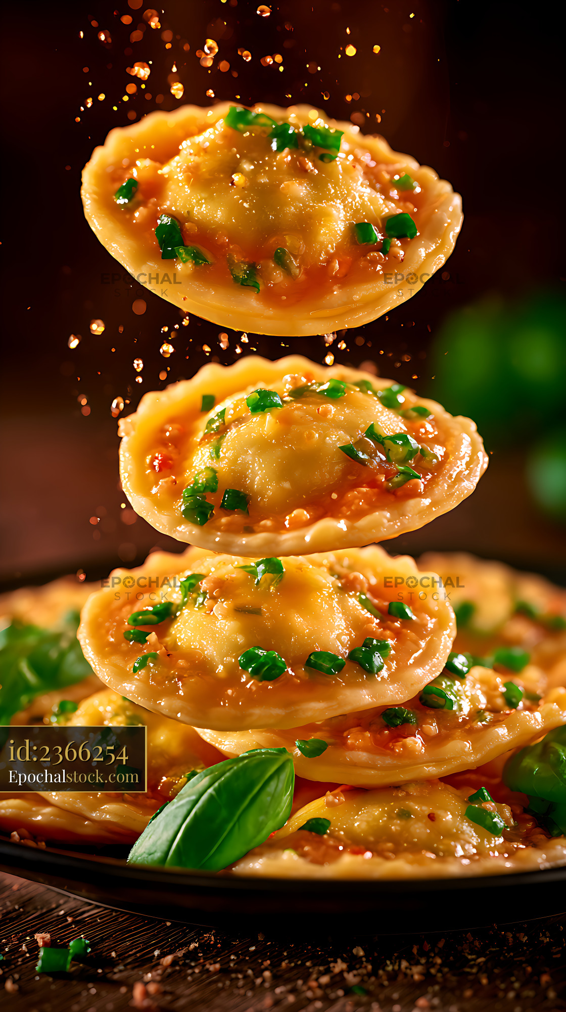 Watermarked full-resolution preview of Golden dumplings stacked with fresh green herbs