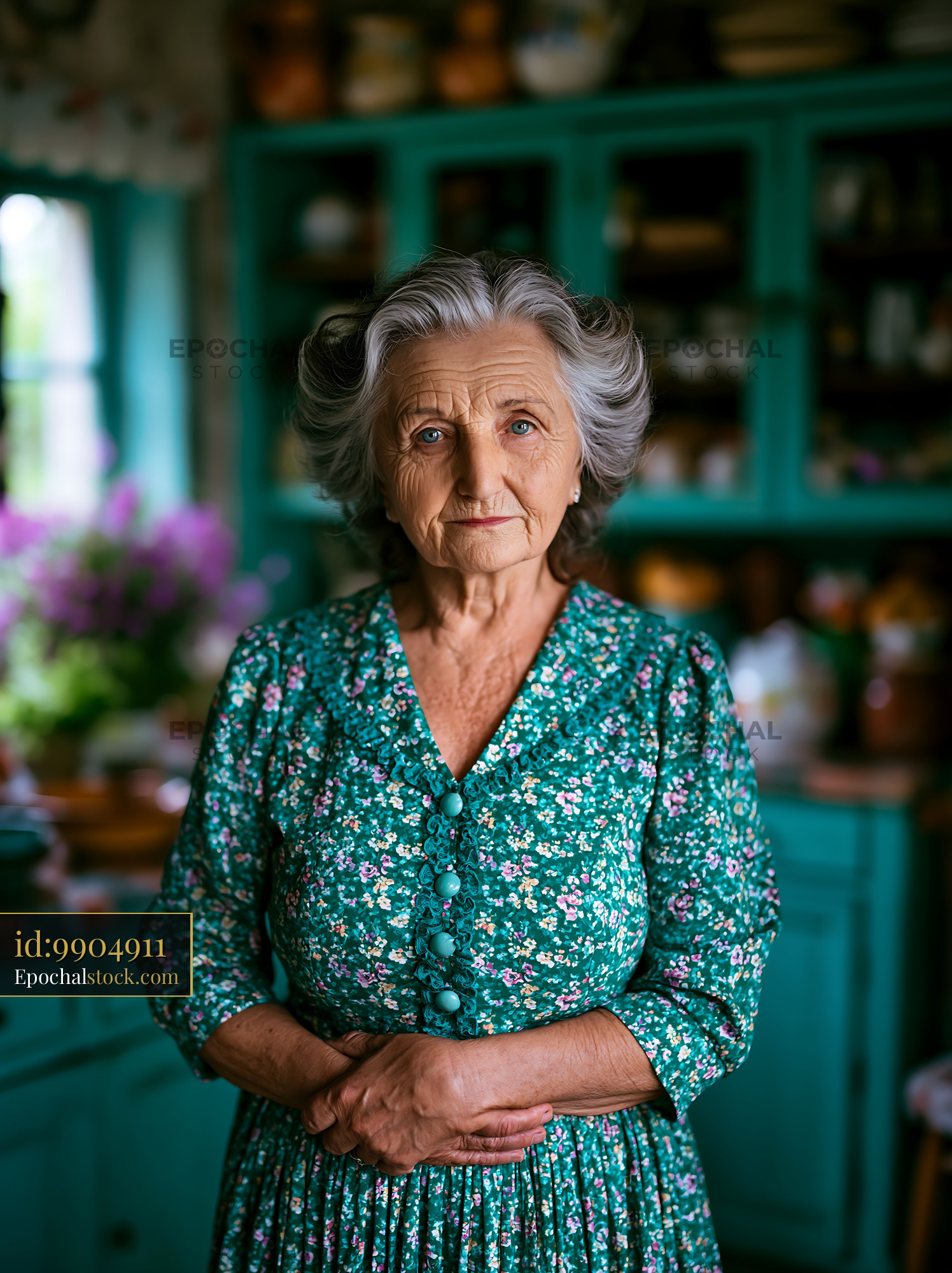Elderly Woman Stands Indoors in Vintage Kitchen Setting - stock photo