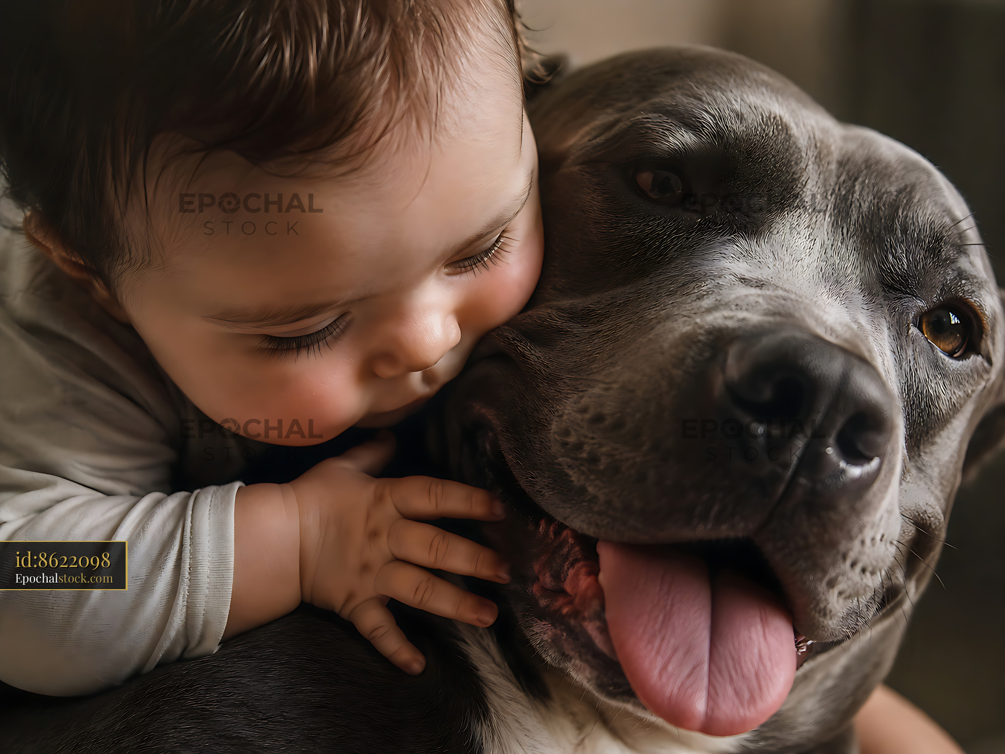 Watermarked full-resolution preview of Baby hugs dog with happy expression indoors