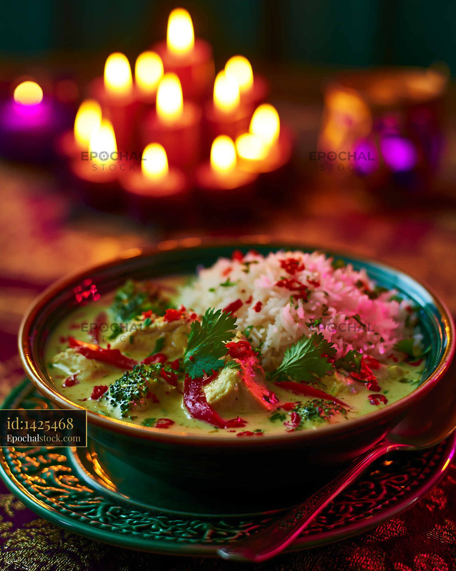 Watermarked full-resolution preview of Warm bowl of curry with rice served at a festive dinner