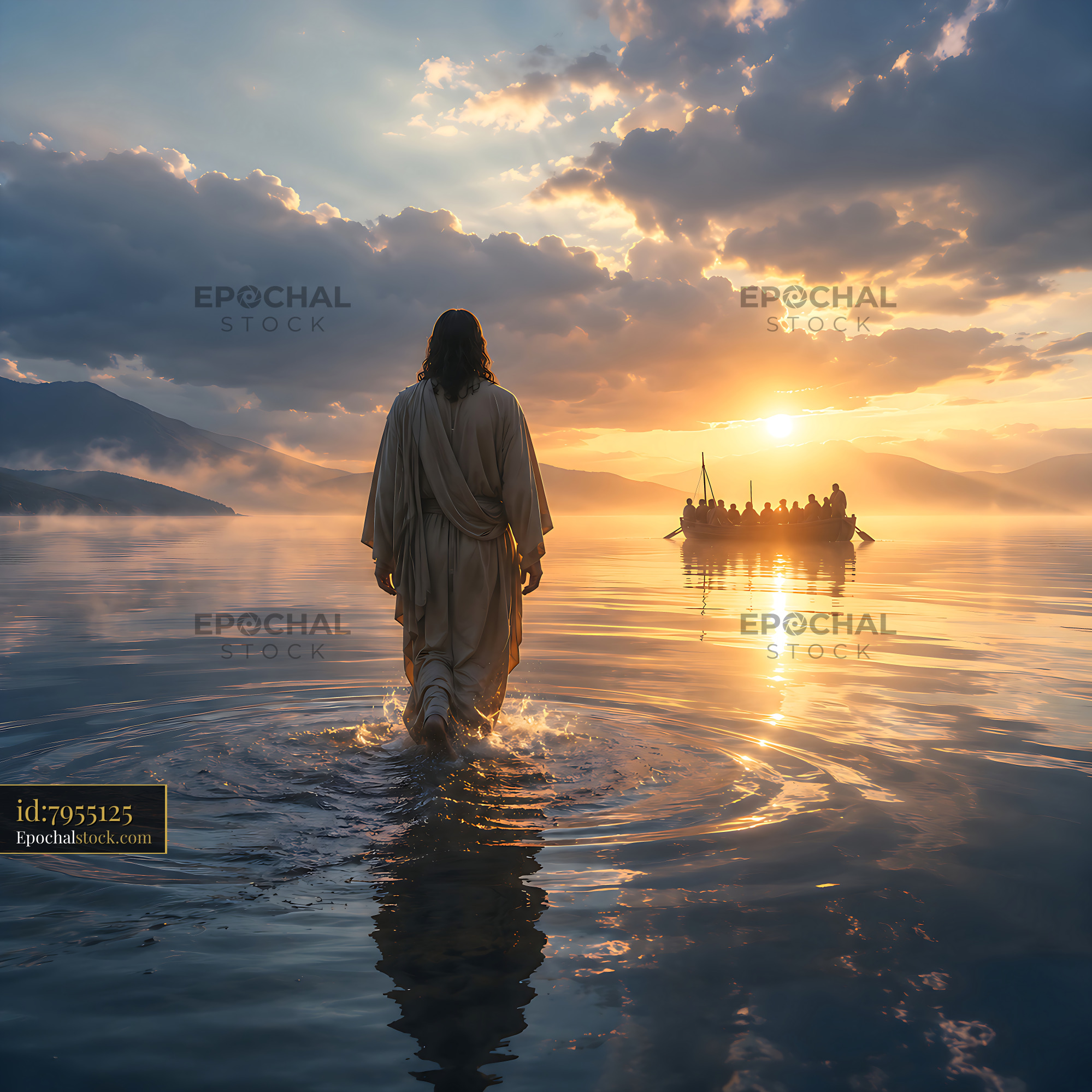 Watermarked full-resolution preview of Man walking on water at sunset with boat in background