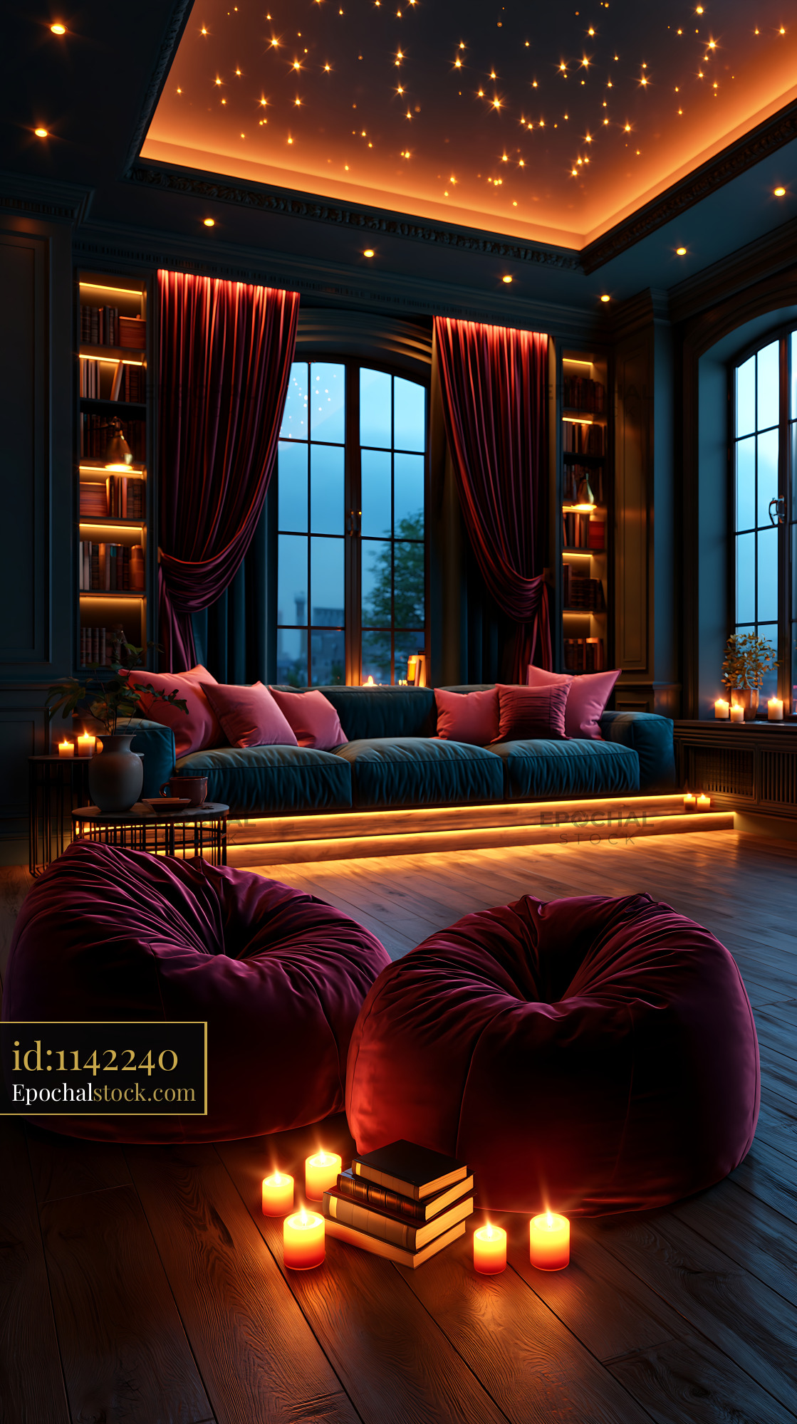 Watermarked full-resolution preview of Cozy living room with cushions and candles during evening