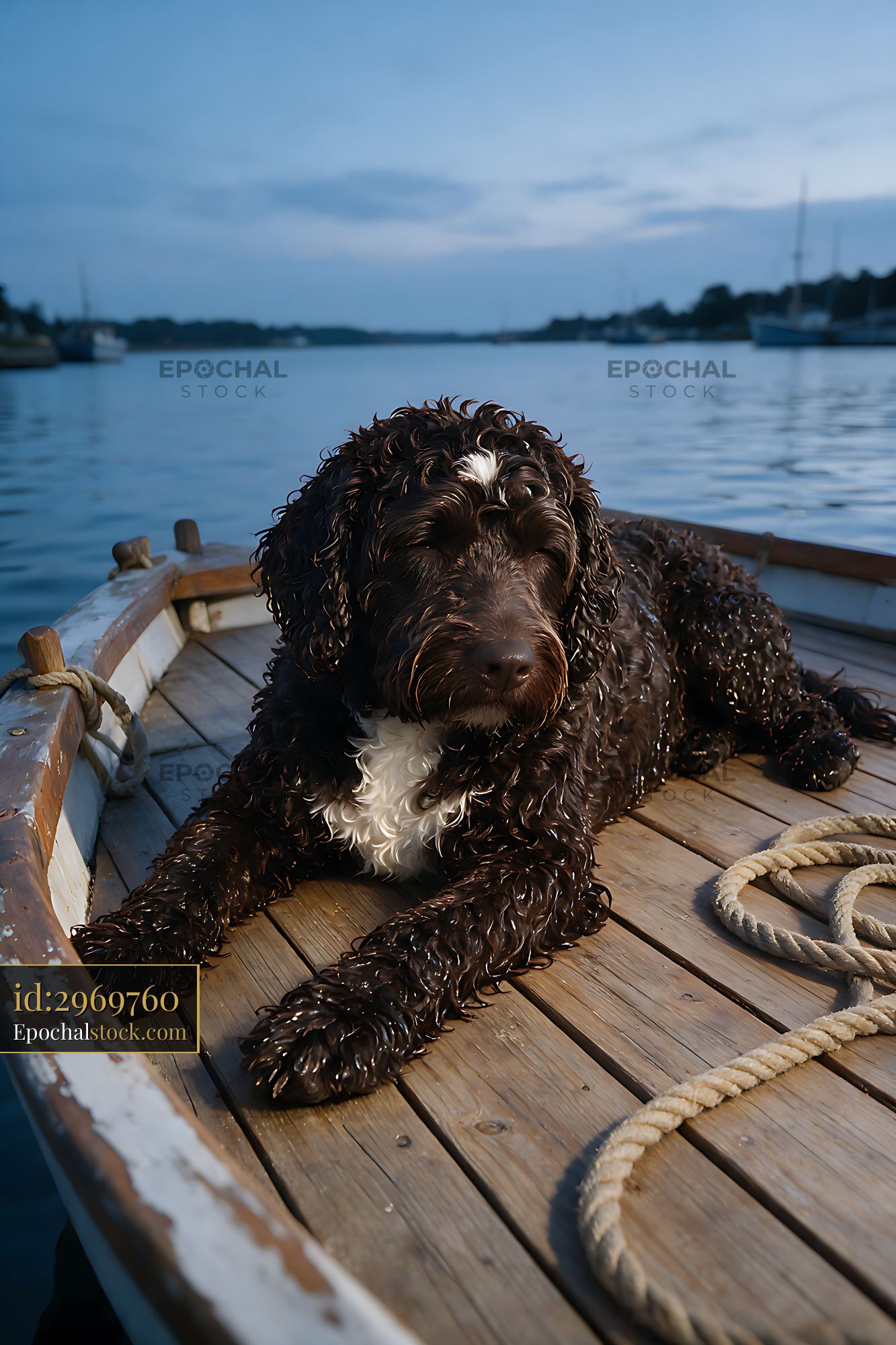 Watermarked full-resolution preview of Brown and white curly-haired dog on a boat
