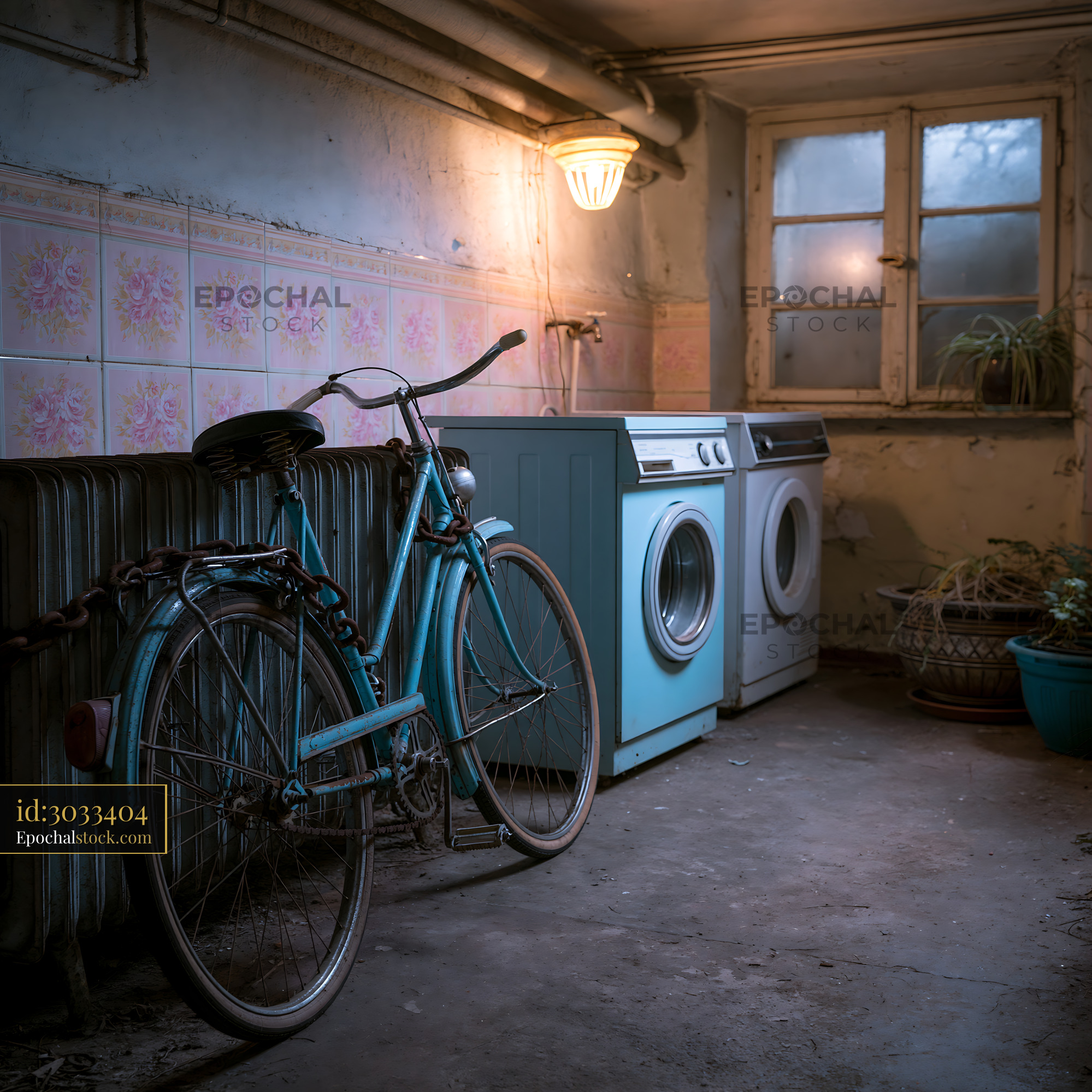 Watermarked full-resolution preview of Old bicycle in a laundry room with washing machines and radiator