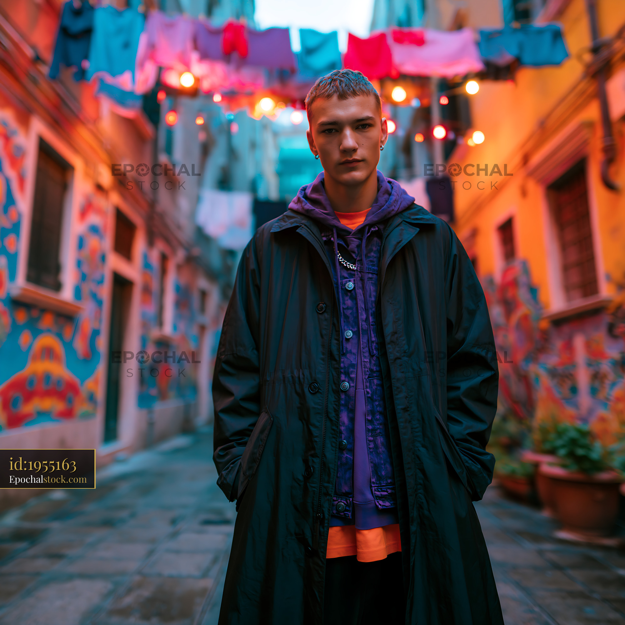 Watermarked full-resolution preview of Young man standing in narrow street with colorful walls and clothes