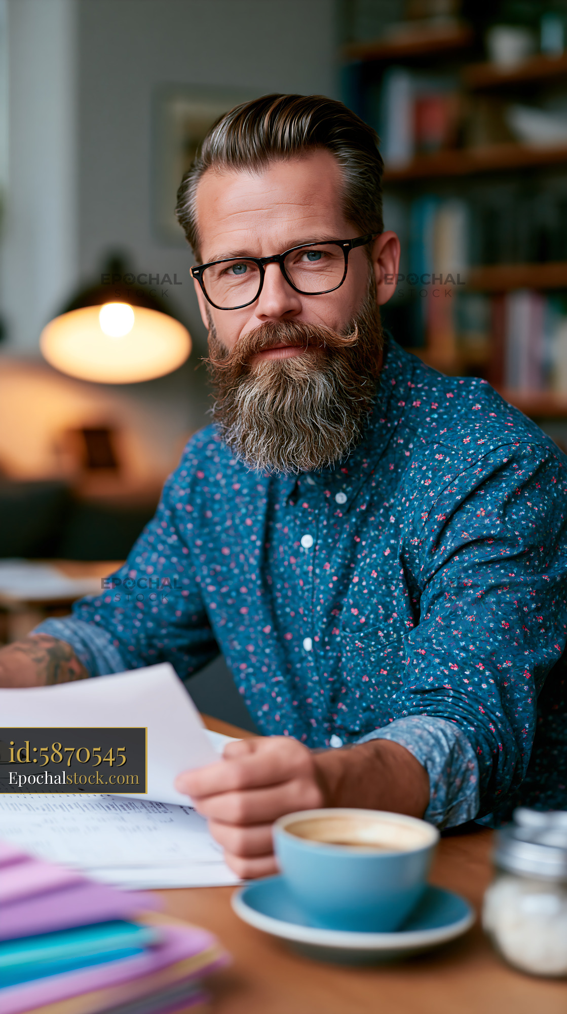 Watermarked full-resolution preview of Man with glasses studying documents in a cozy workspace