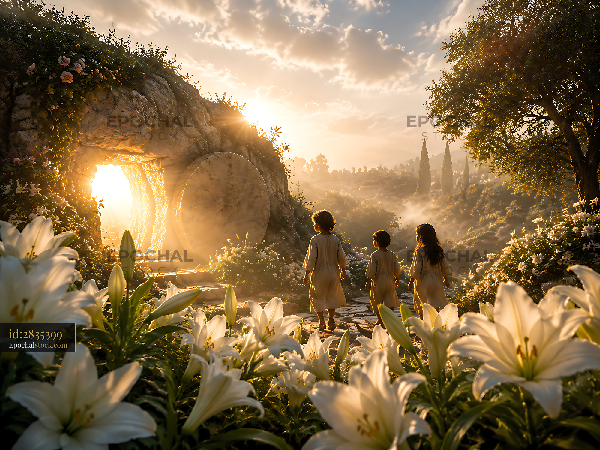 Children Walking Towards a Cave Entrance in a Flower-Filled Landscape - stock photo