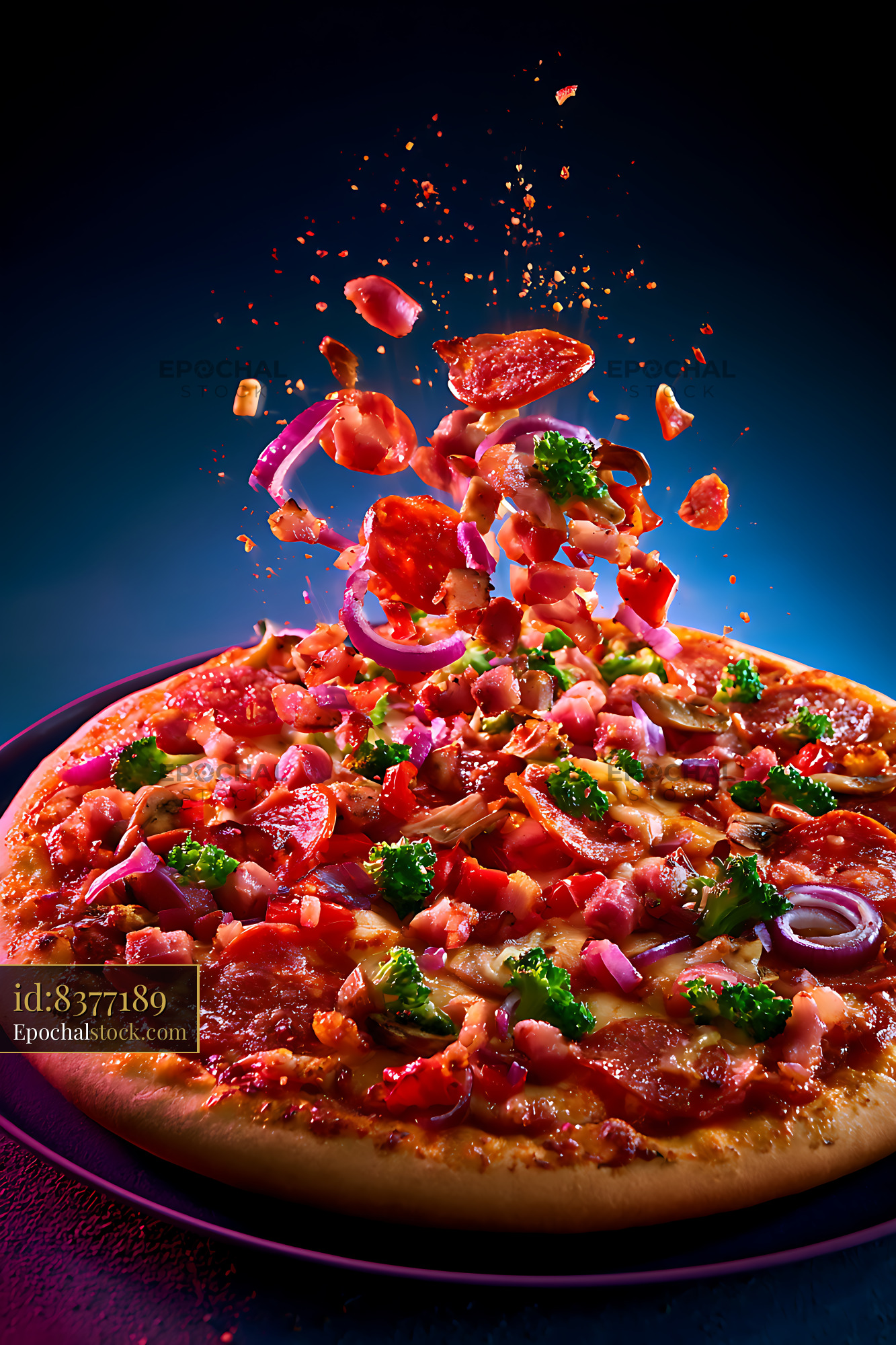 Watermarked full-resolution preview of Loaded vegetable and pepperoni pizza with suspended toppings