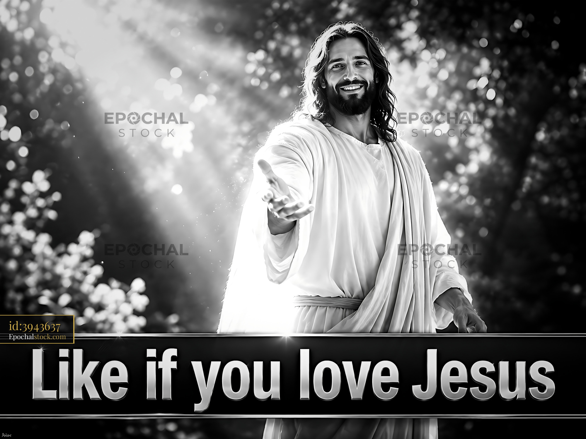 Watermarked full-resolution preview of Jesus extending a hand in a forest setting