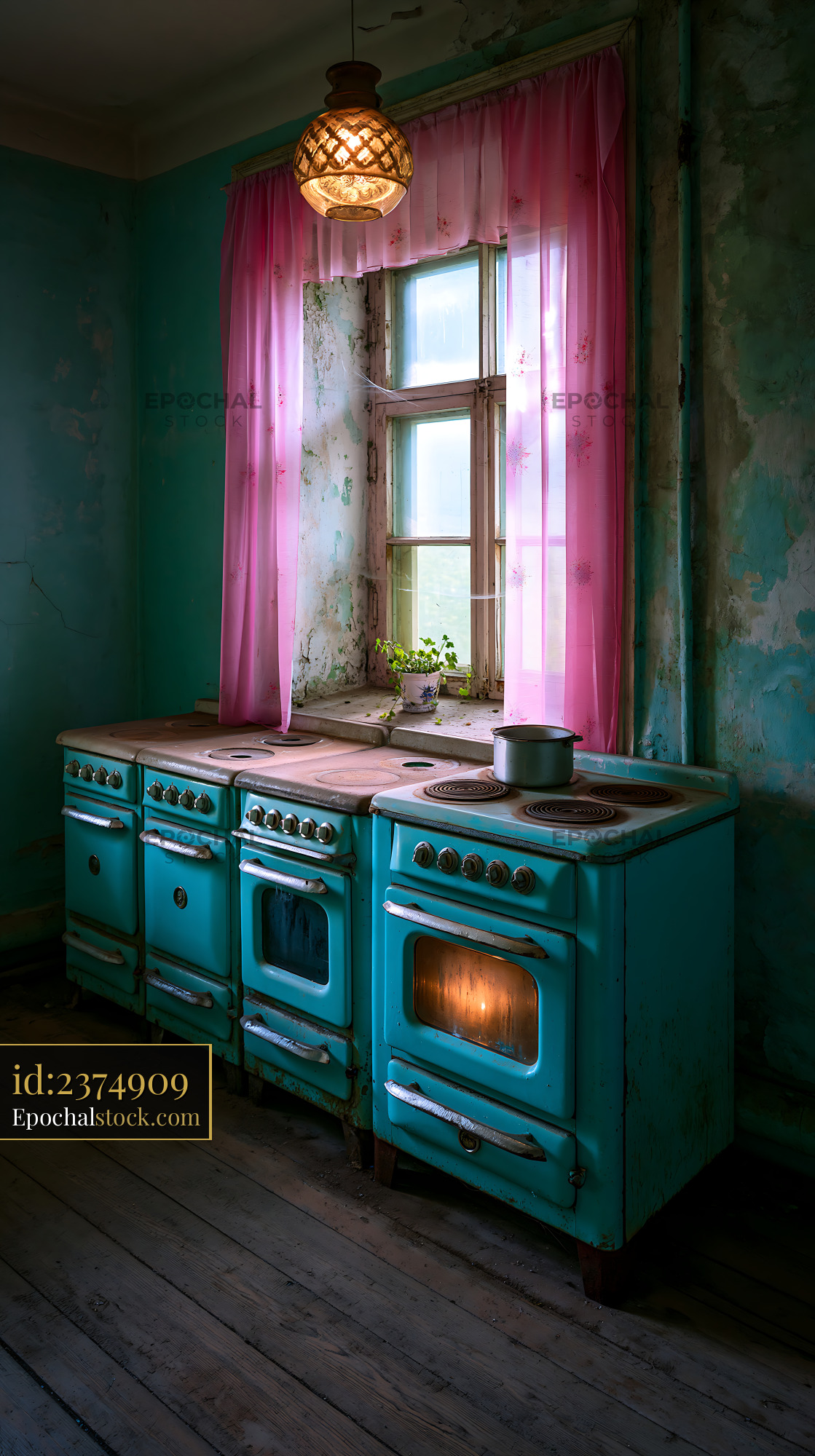 Watermarked full-resolution preview of Old turquoise kitchen with vintage stoves and natural light
