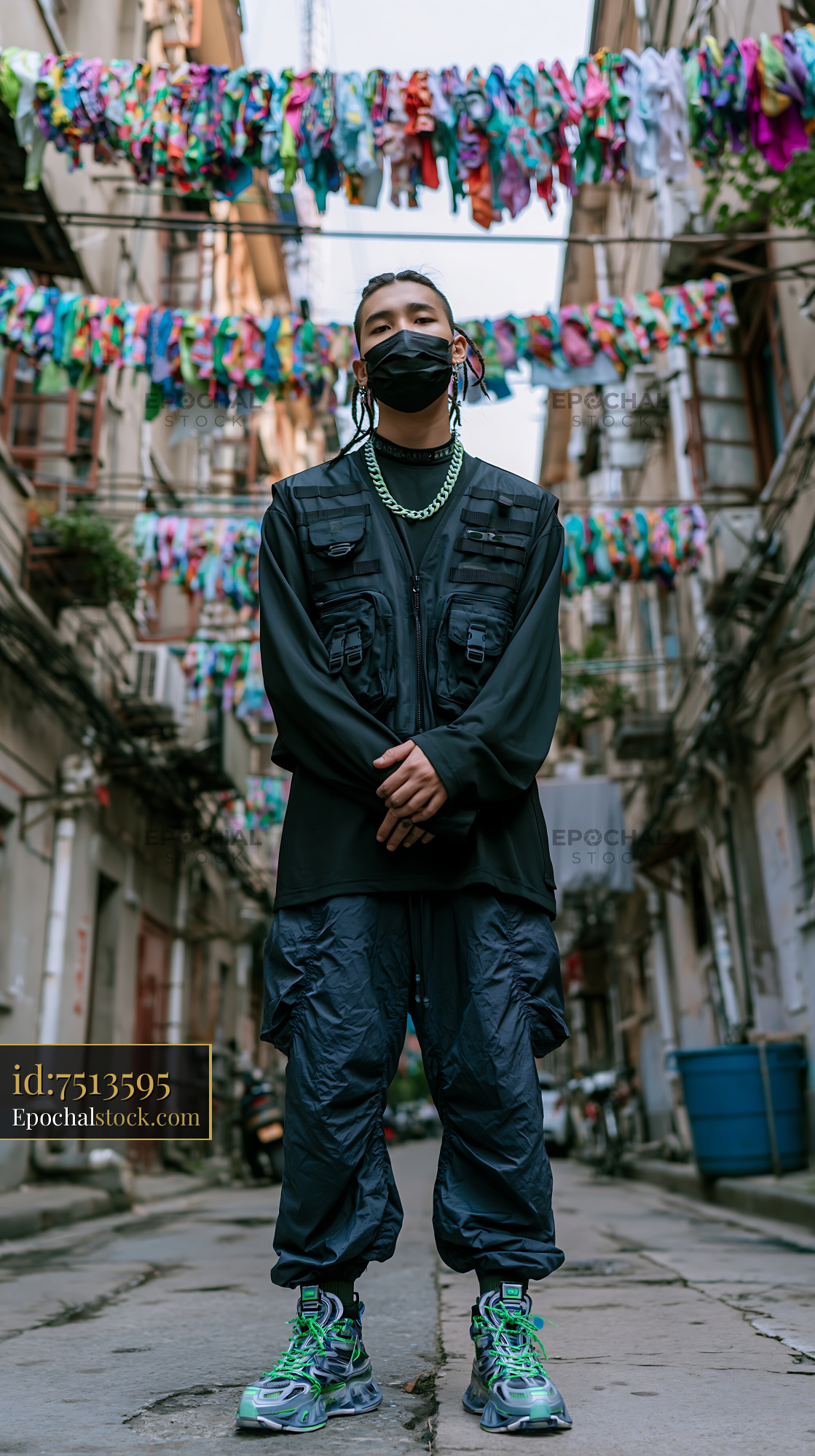 Watermarked full-resolution preview of Person stands in a narrow street with colorful clothes hanging above