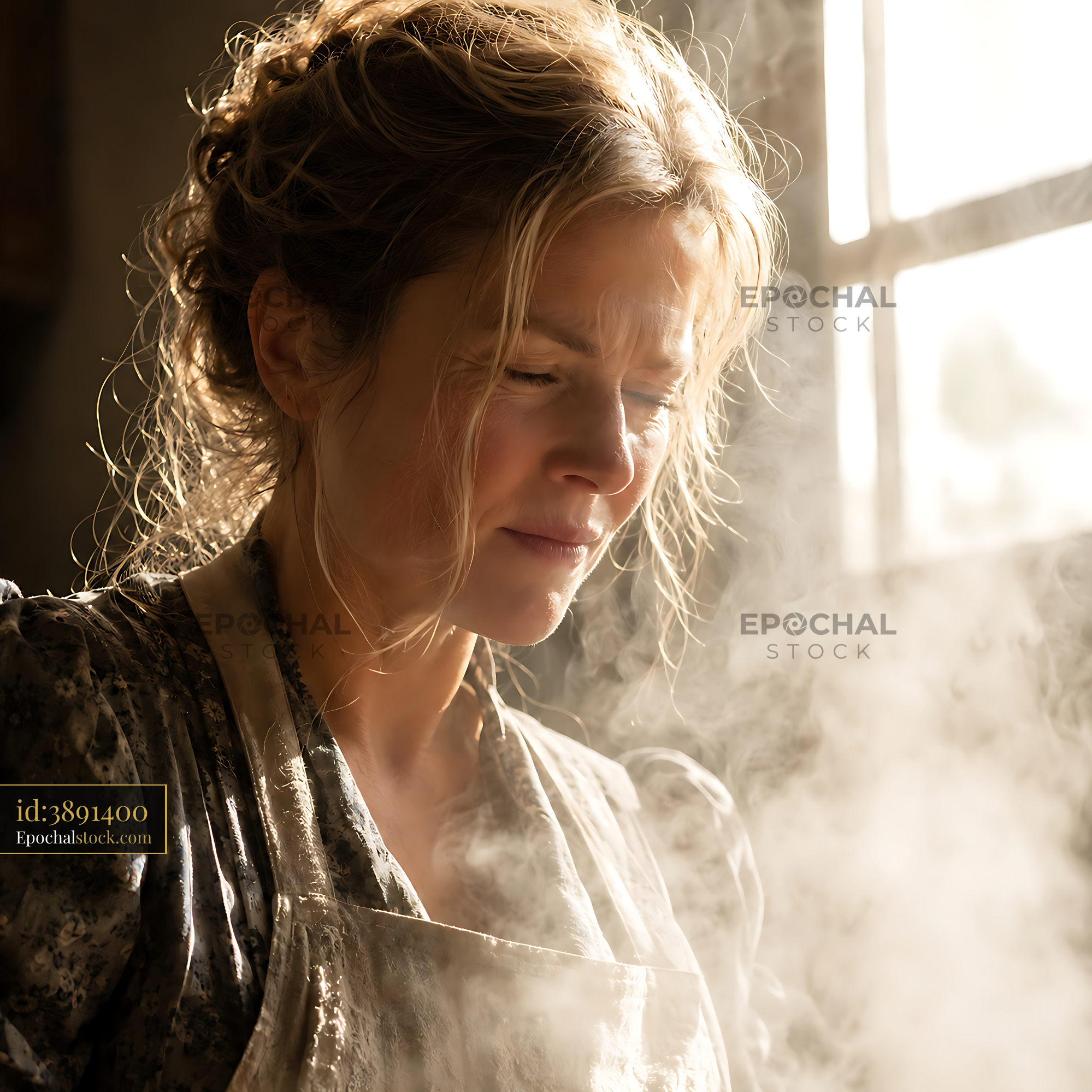 Woman Working in Kitchen, Steam Rising, Sunlight Filtering In - stock photo