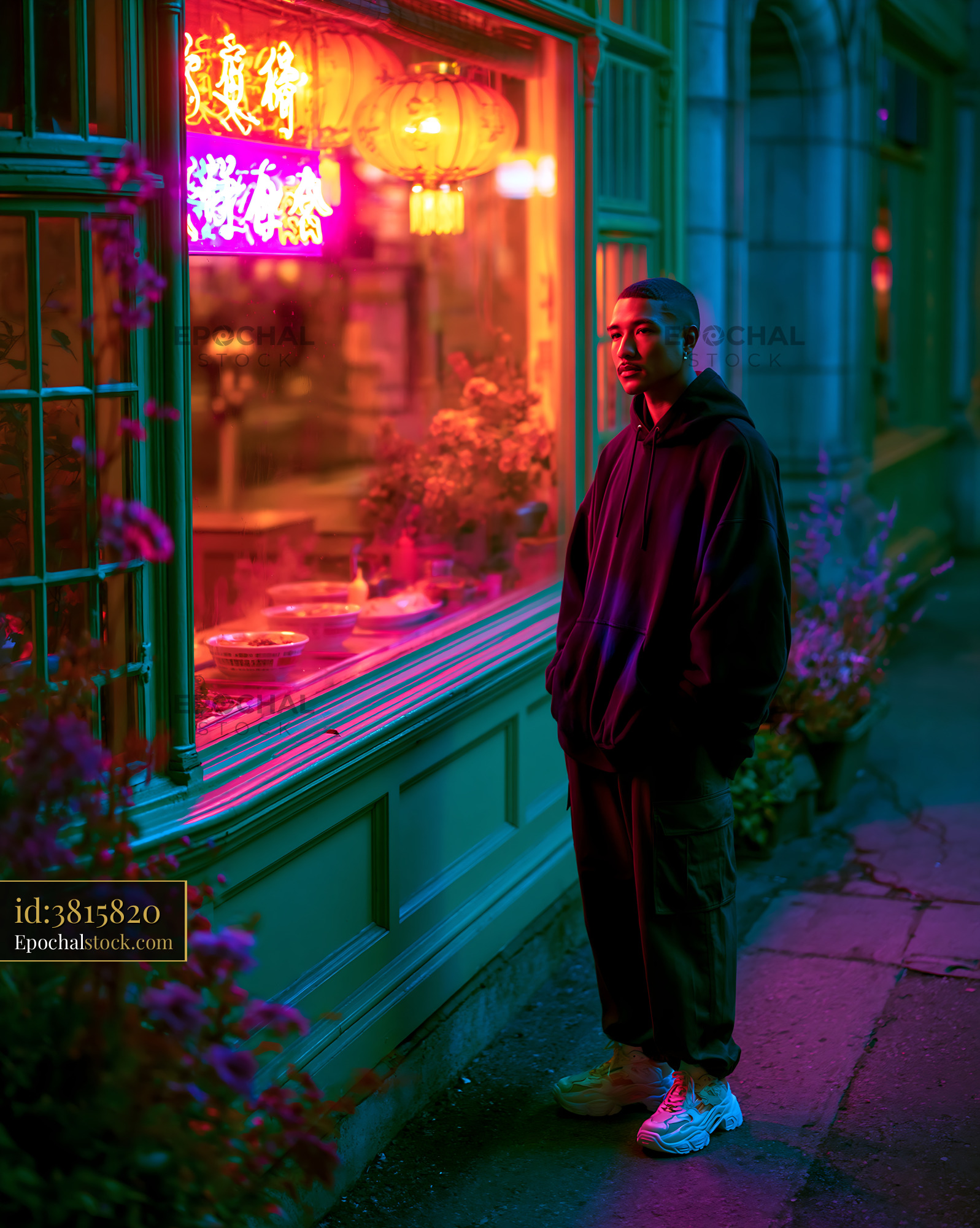 Watermarked full-resolution preview of Urban scene with a person standing by a brightly lit restaurant window