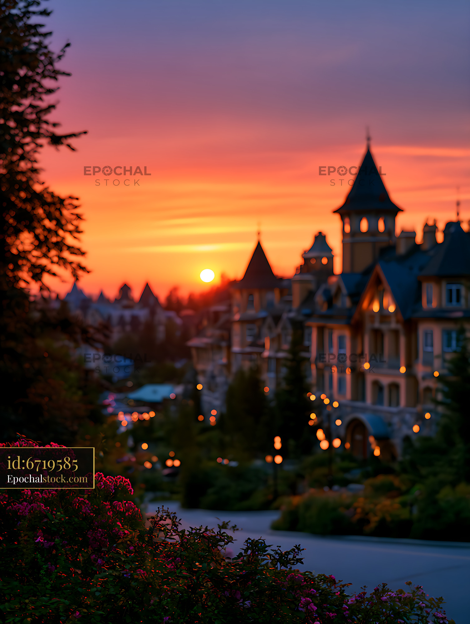 Watermarked full-resolution preview of Dreamy village skyline glowing at sunset