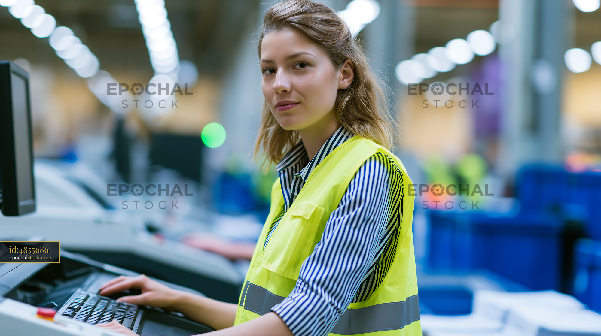 Young Female Electrician Working in a Warehouse Setting - stock photo