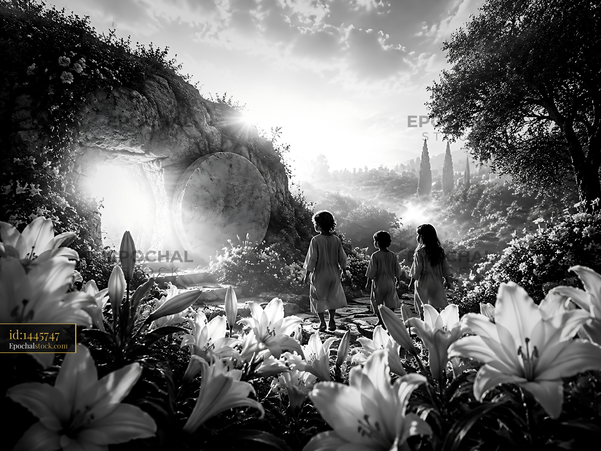 Children Walk Towards Light Near Flowers in a Garden Setting - stock photo