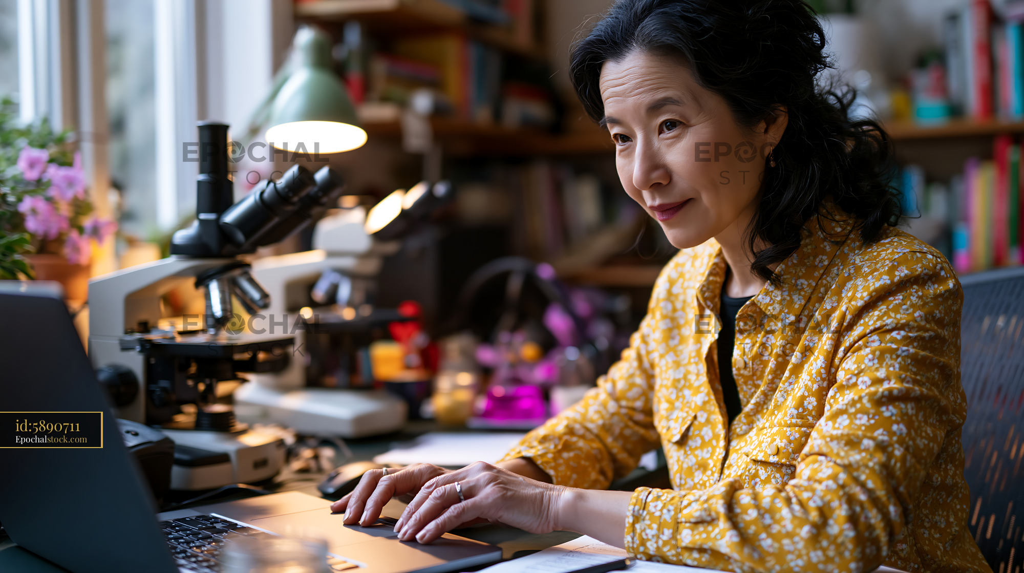 Watermarked full-resolution preview of Woman working at a desk with a microscope and laptop in a workspace