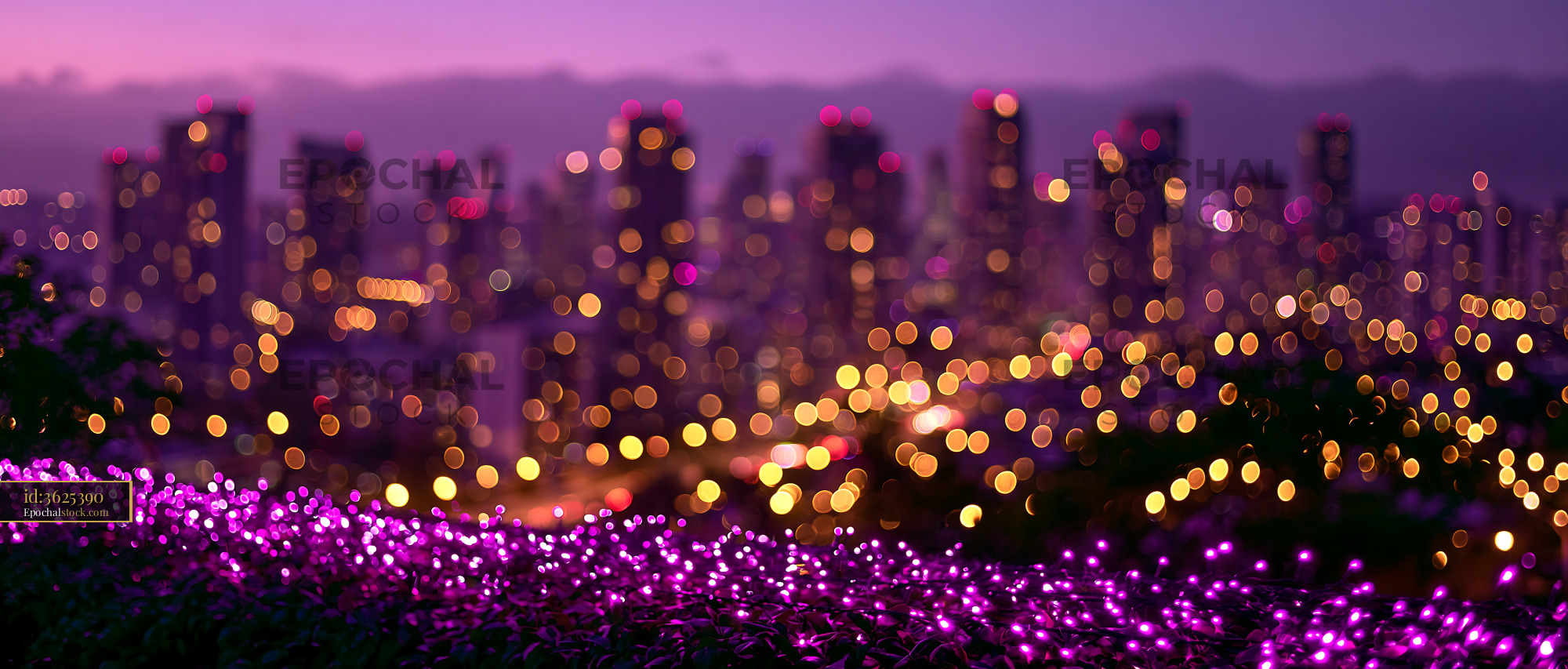 Watermarked full-resolution preview of City skyline with purple flowers and blurred lights at dusk