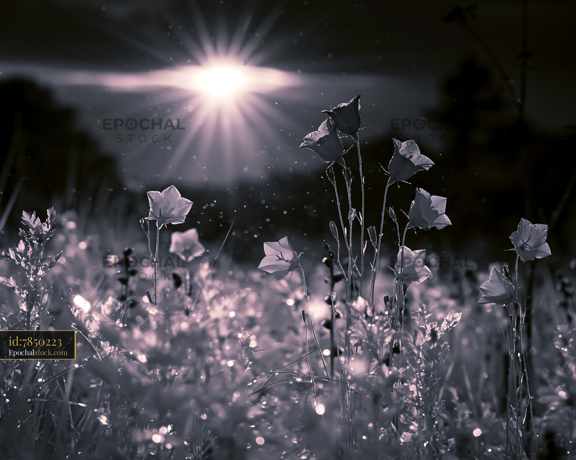 Harebell Flowers Blooming at Sunset in a Meadow - stock photo