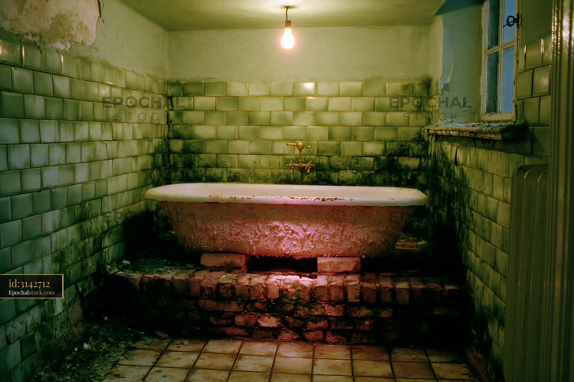 Watermarked full-resolution preview of Old bathroom with a vintage bathtub and green tiled walls