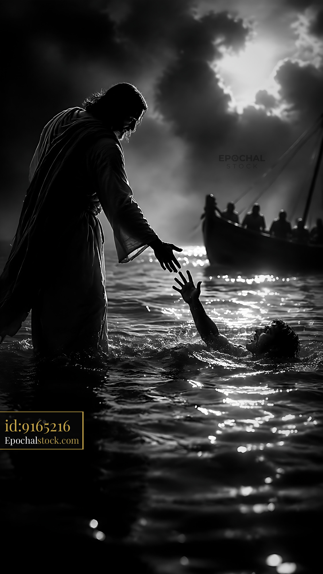 Watermarked full-resolution preview of Rescue scene in dark waters with figures and a boat