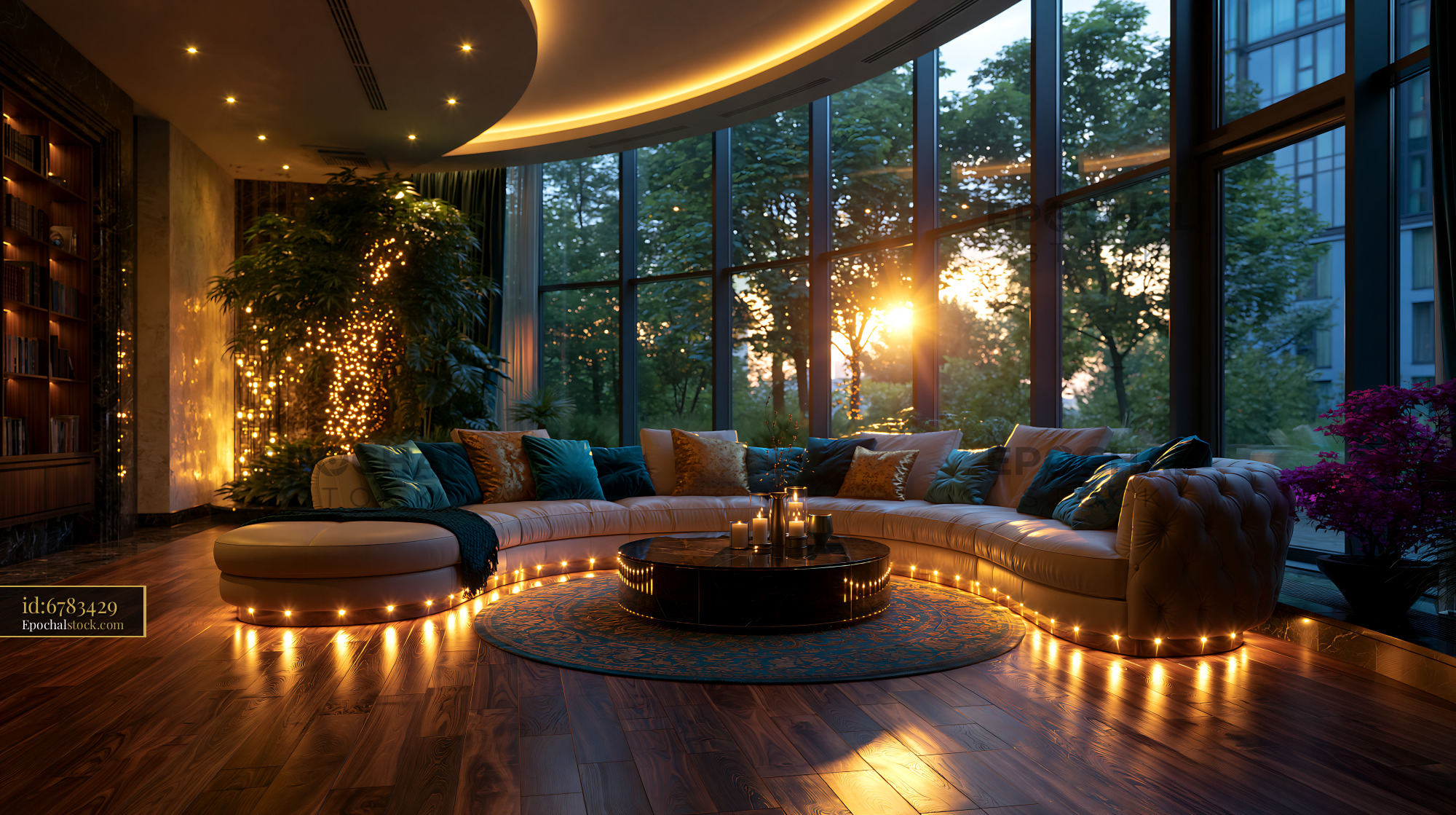 Watermarked full-resolution preview of Cozy indoor lounge area with large windows and sunset view