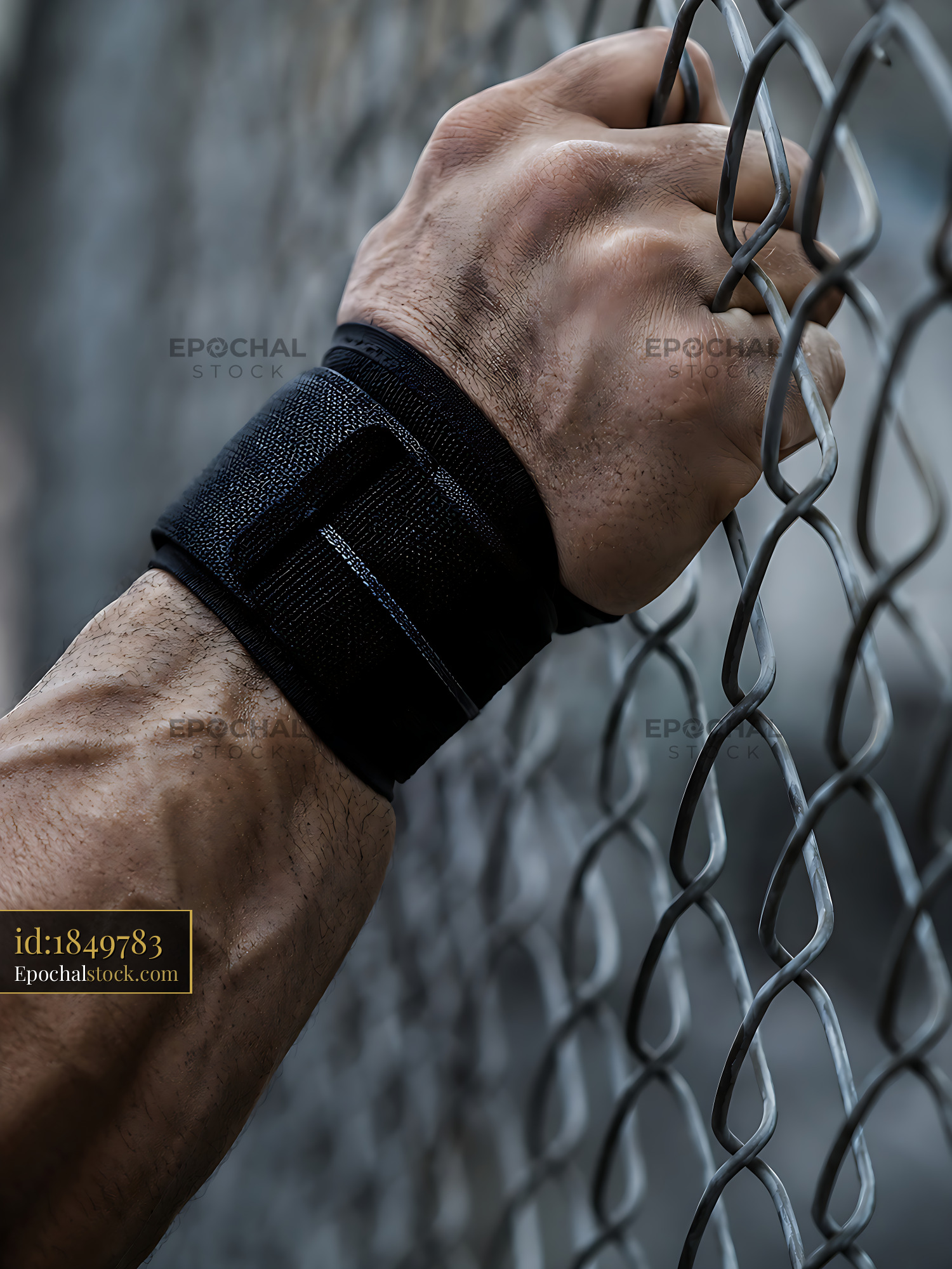 Watermarked full-resolution preview of Hand gripping chain-link fence with wrist support