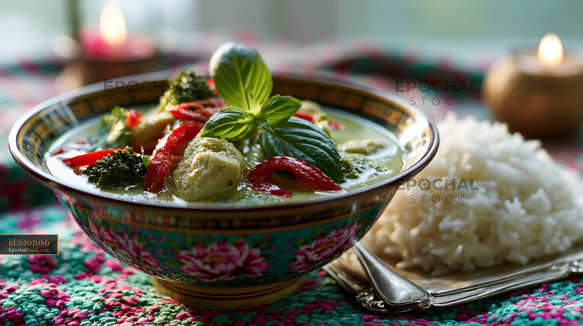Watermarked full-resolution preview of Delicious green curry served with rice on a colorful tablecloth