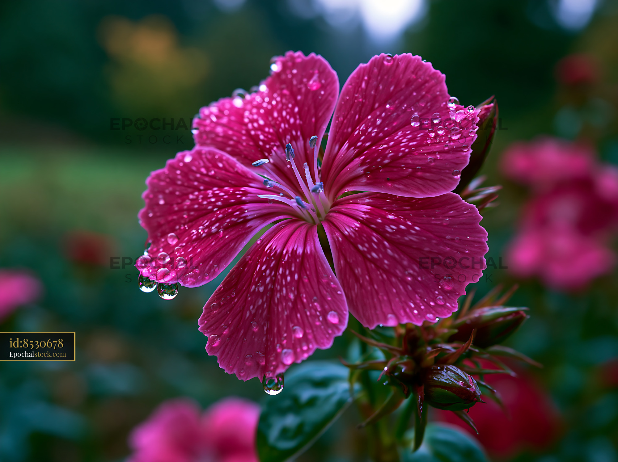 Watermarked full-resolution preview of Pink flower with water droplets in a garden