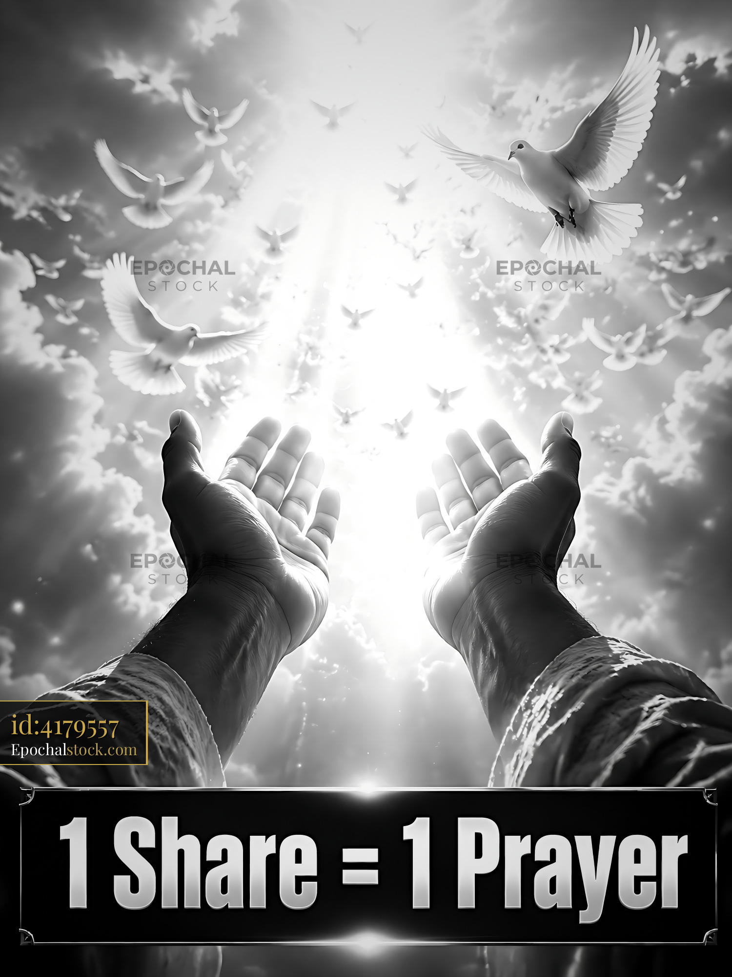 Watermarked full-resolution preview of Hands reaching towards light with flying doves above