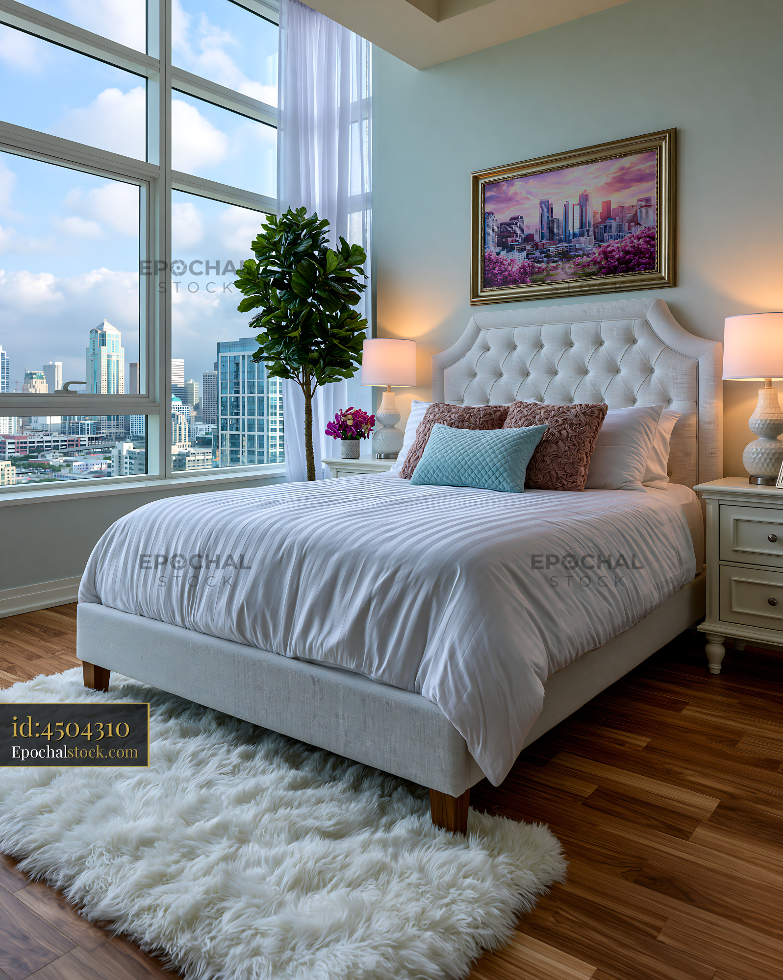Watermarked full-resolution preview of Modern bedroom with city skyline view from large windows