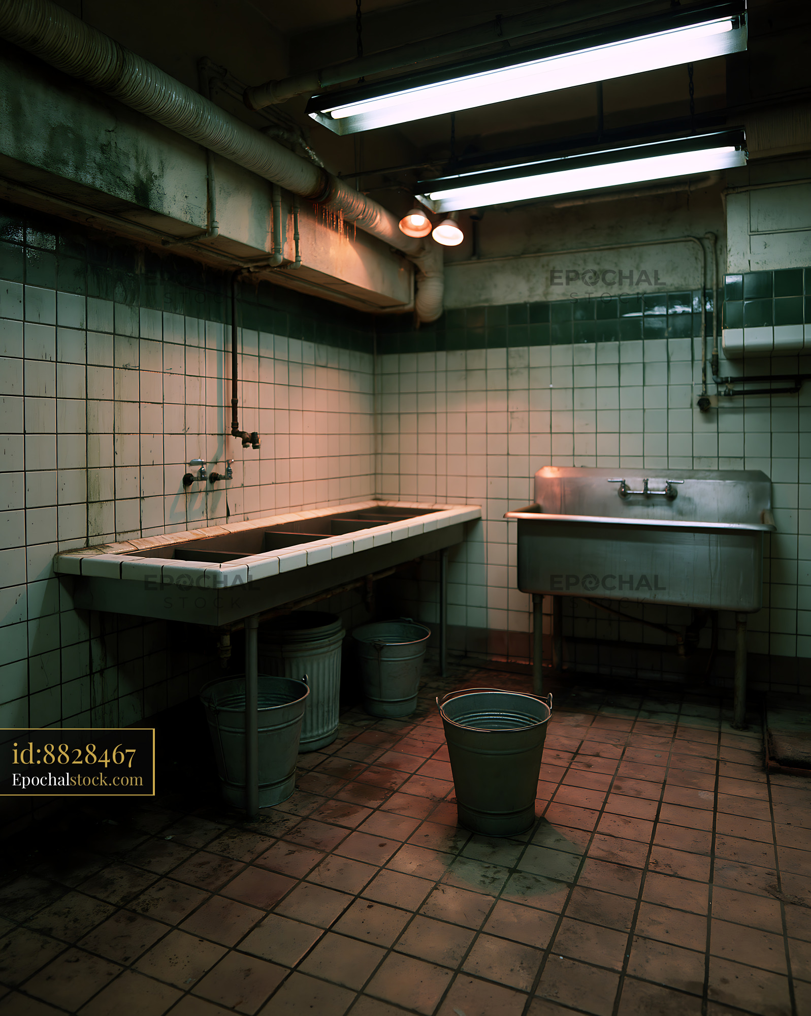 Watermarked full-resolution preview of Commercial kitchen with old sink and buckets at night