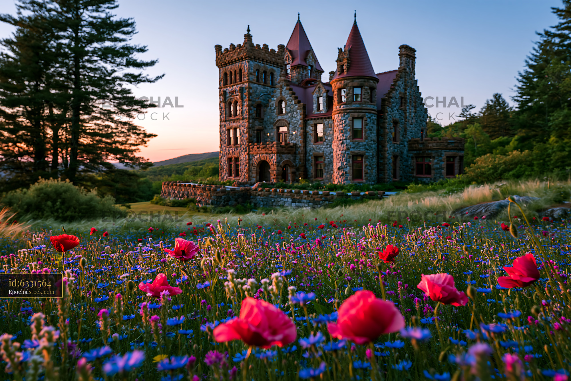 Watermarked full-resolution preview of Historic stone castle surrounded by wildflowers at sunset