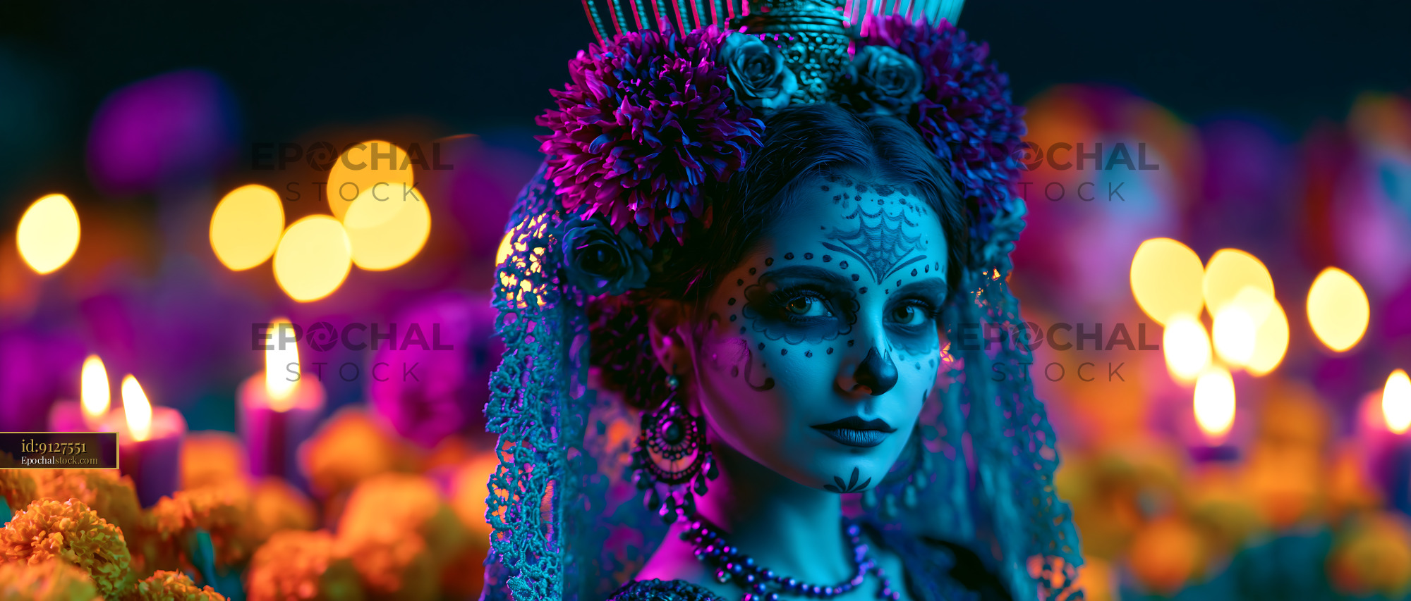 Watermarked full-resolution preview of Woman in traditional dress celebrating in colorful festival