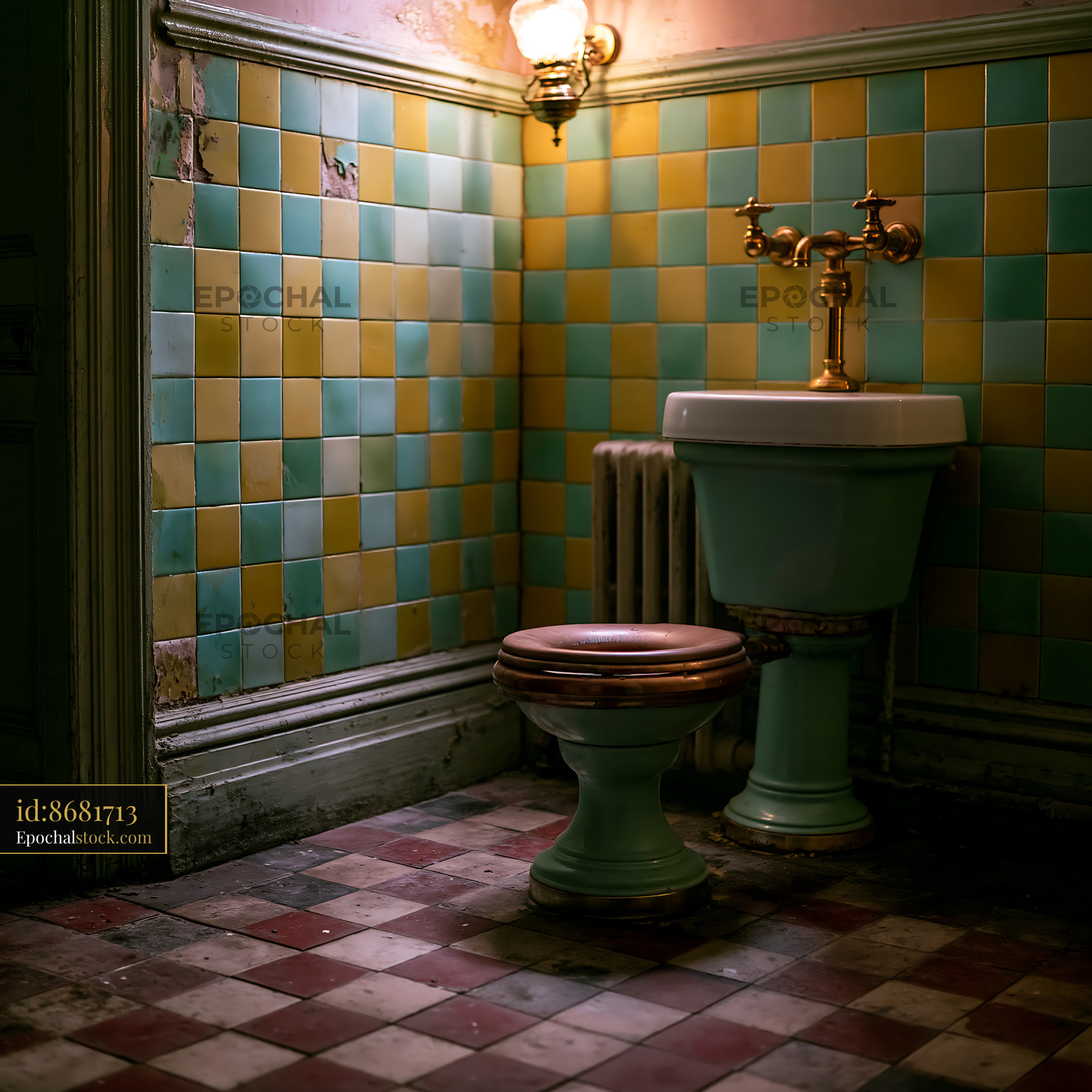 Watermarked full-resolution preview of Vintage bathroom with colorful tiles and old fixtures