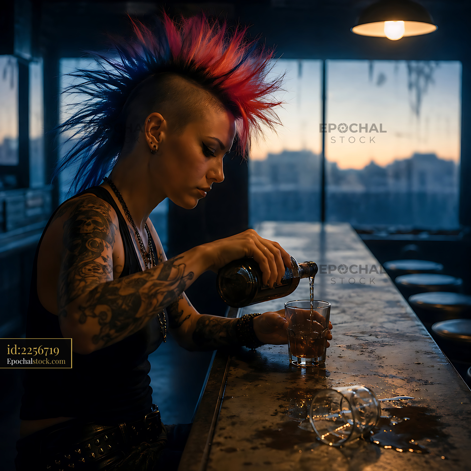 Watermarked full-resolution preview of Bar attendant pouring drink at sunset in a trendy lounge