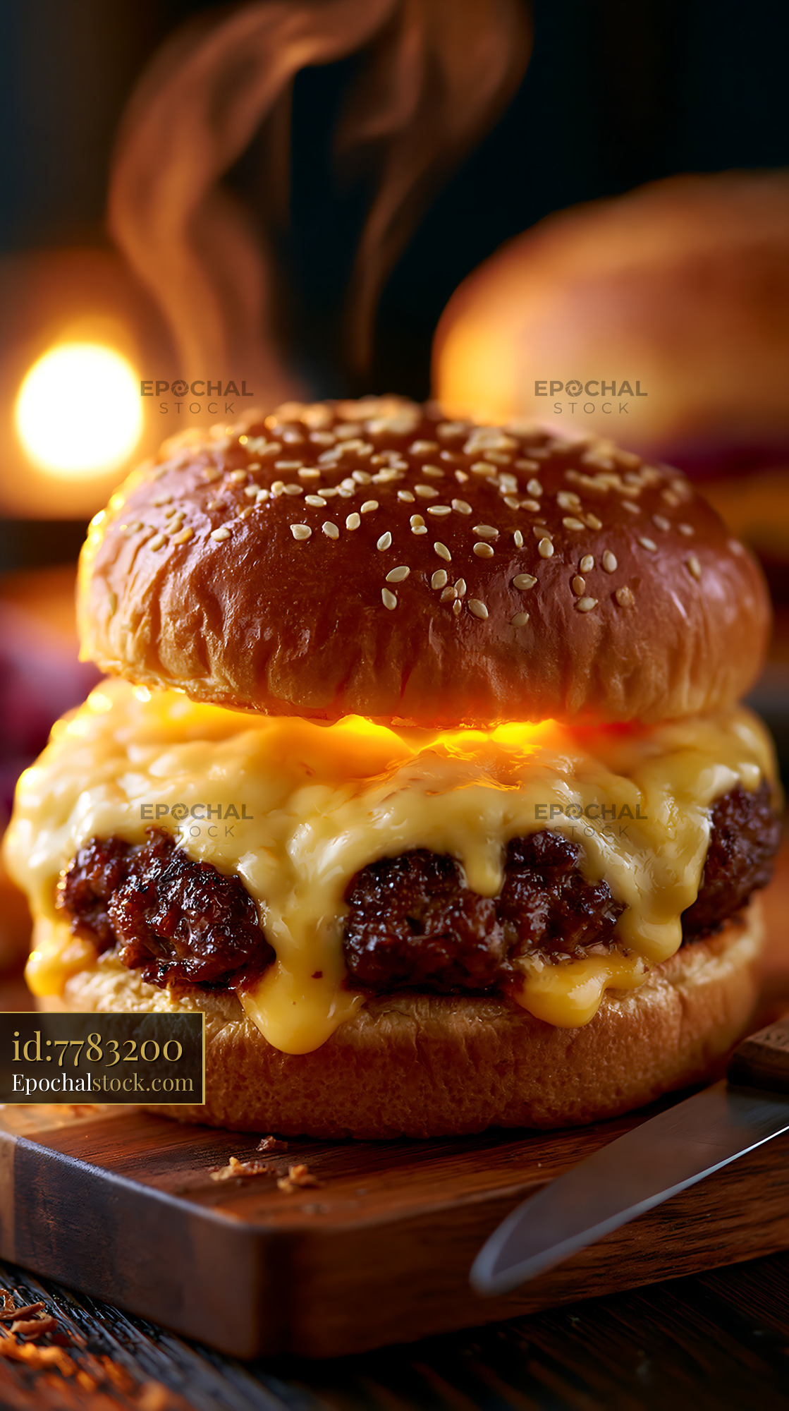 Watermarked full-resolution preview of Melted cheese burger on a wooden board with soft lighting