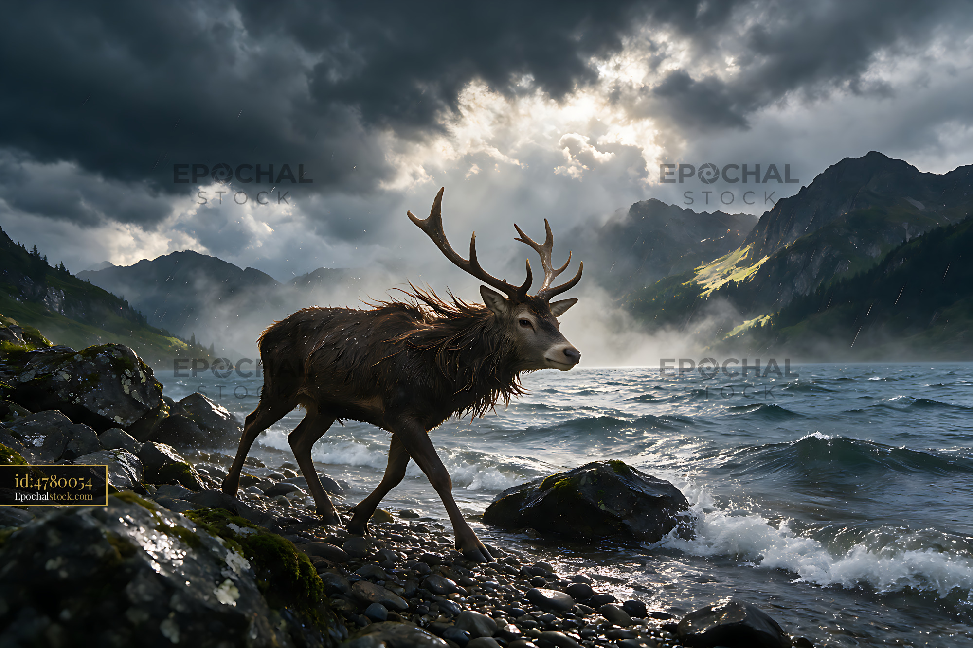 Watermarked full-resolution preview of Antlered deer on a rocky alpine lakeshore