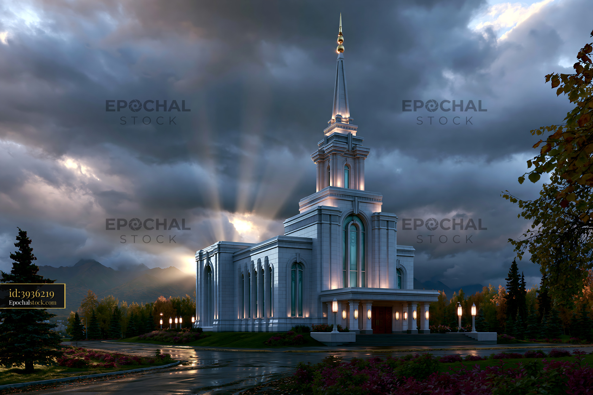 Watermarked full-resolution preview of Light shines on a white church under cloudy skies