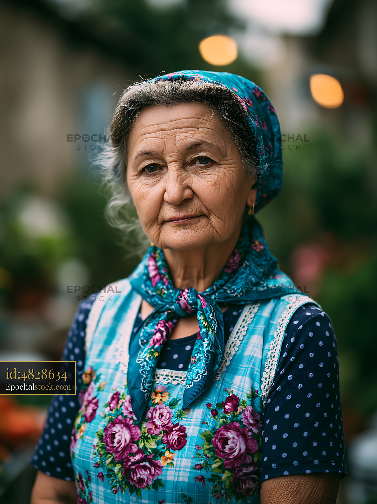 Watermarked full-resolution preview of Elderly woman in a garden wearing scarf and floral apron