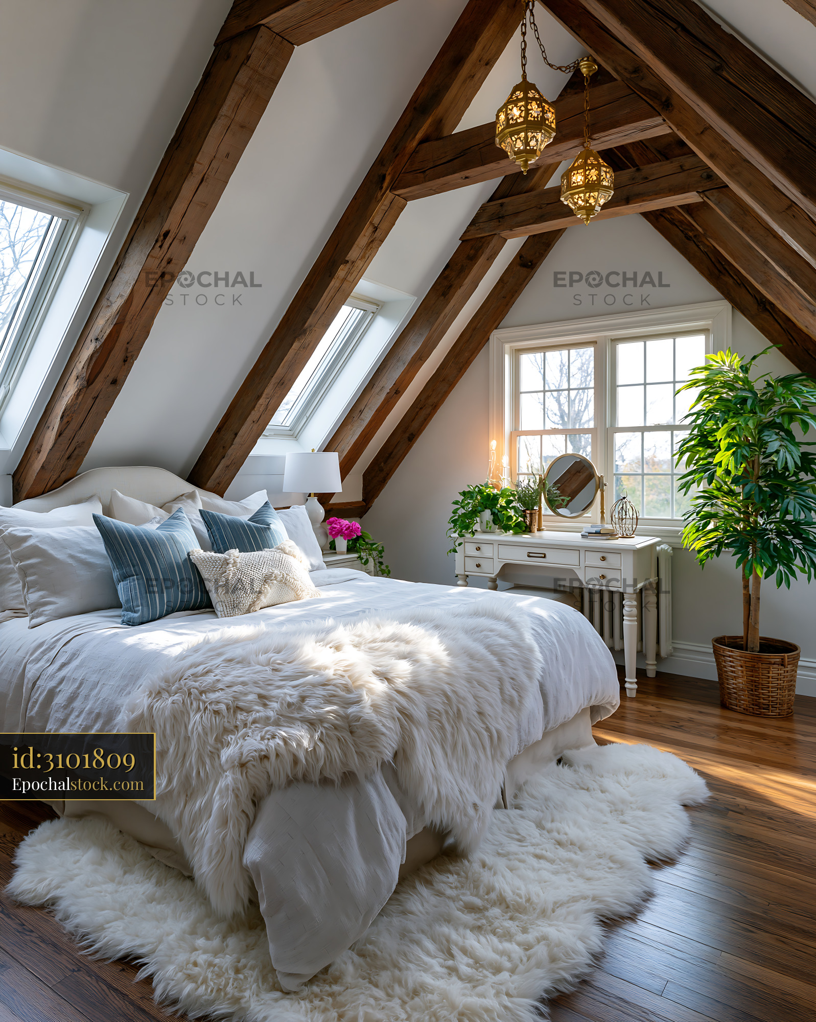 Watermarked full-resolution preview of Cozy bedroom with wooden beams and natural light