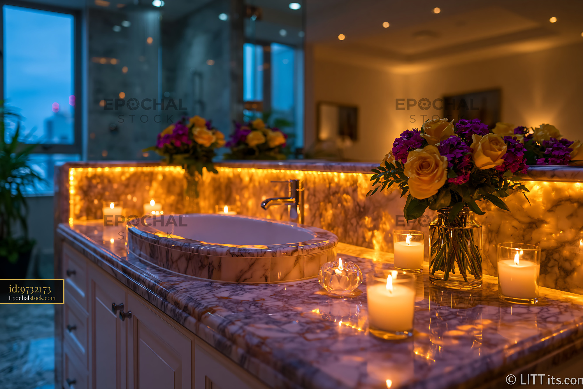 Watermarked full-resolution preview of Candlelit marble bathroom with bathtub and flowers