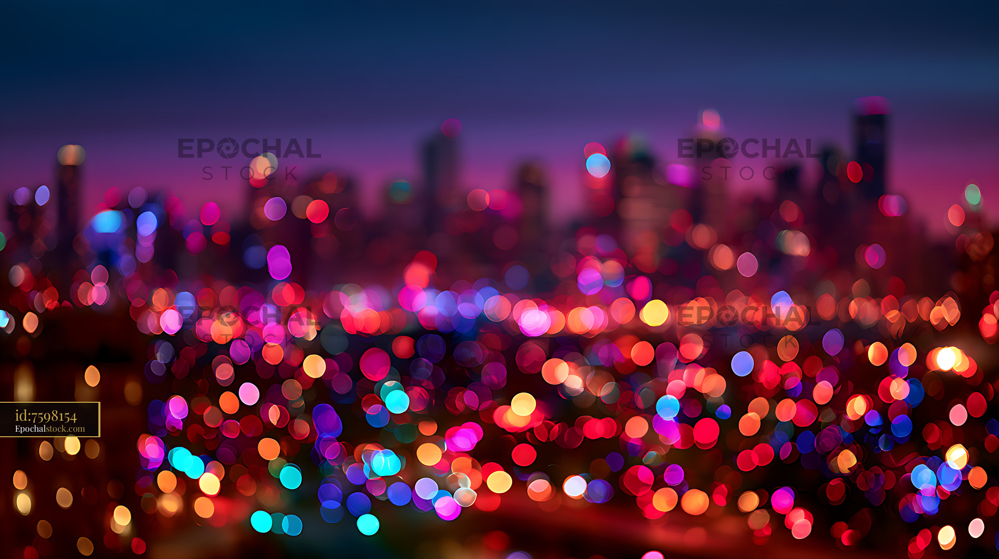 Watermarked full-resolution preview of Abstract colorful city lights and skyline at dusk