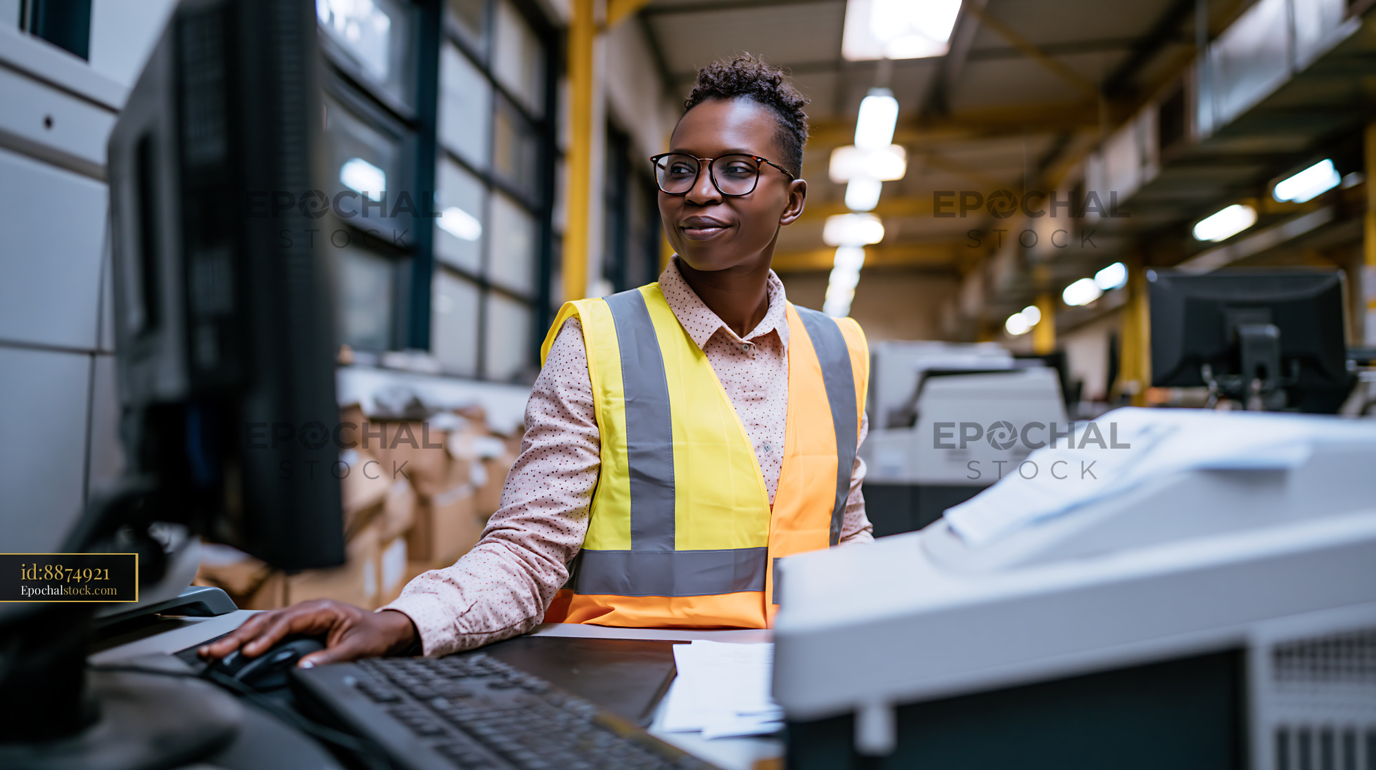 Watermarked full-resolution preview of Warehouse worker using a computer while wearing a safety vest