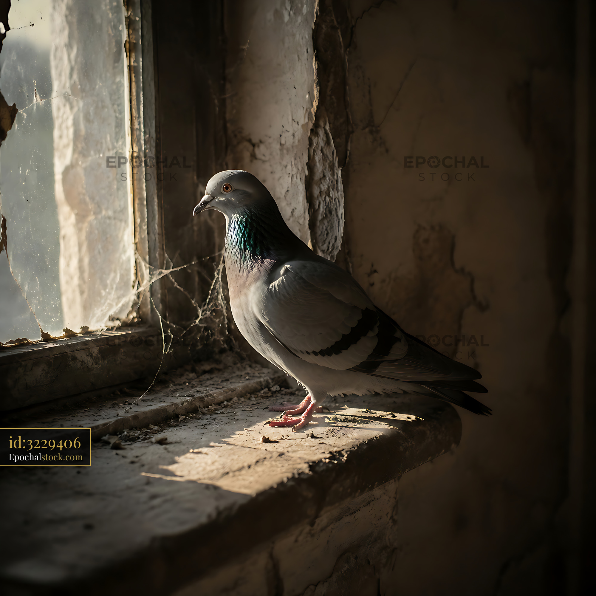 Watermarked full-resolution preview of Pigeon resting by a window in an abandoned building