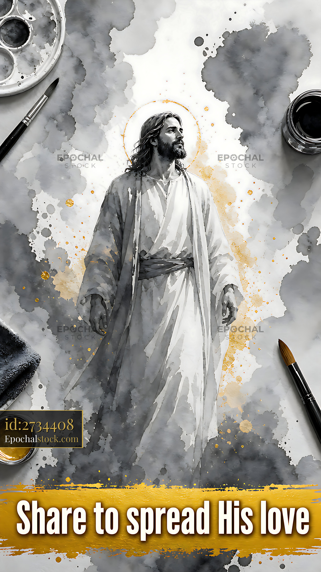 Watermarked full-resolution preview of Religious artwork showing Jesus in watercolor style