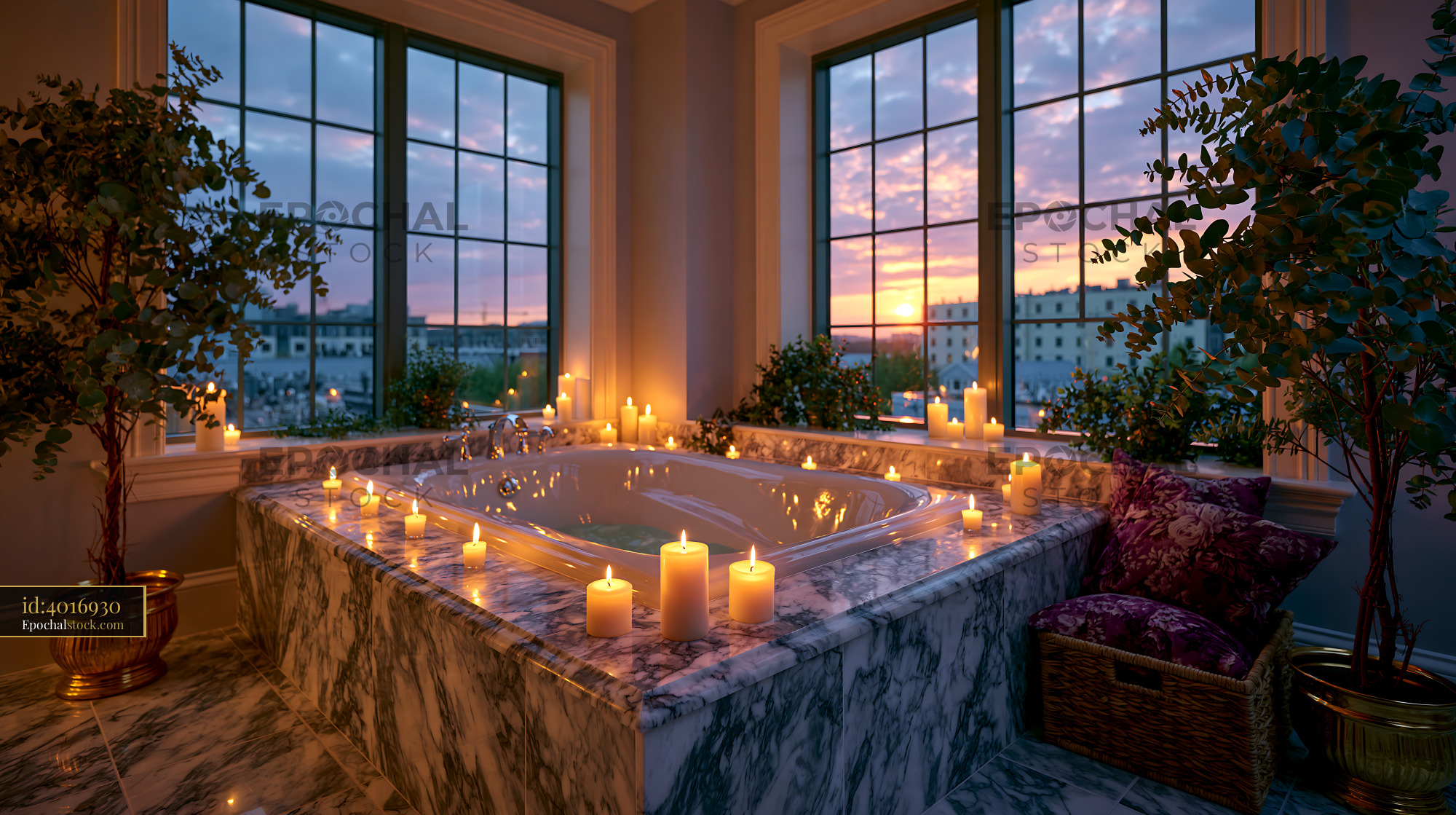 Watermarked full-resolution preview of Relaxing bath area with candles and sunset view