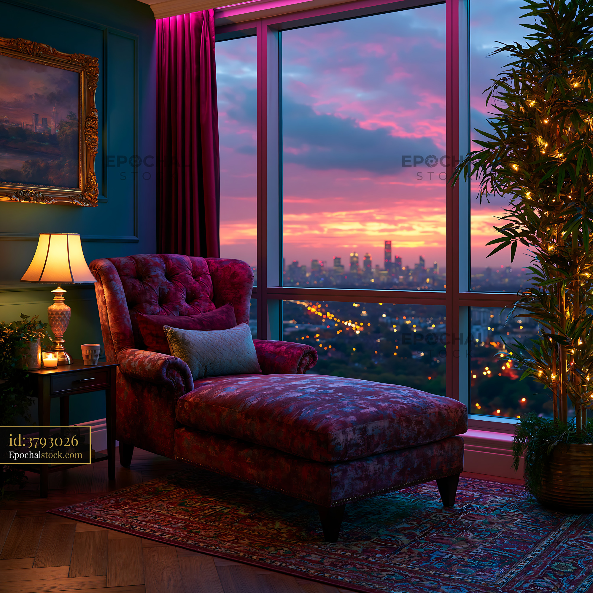 Watermarked full-resolution preview of Comfortable chair by the window with urban sunset view