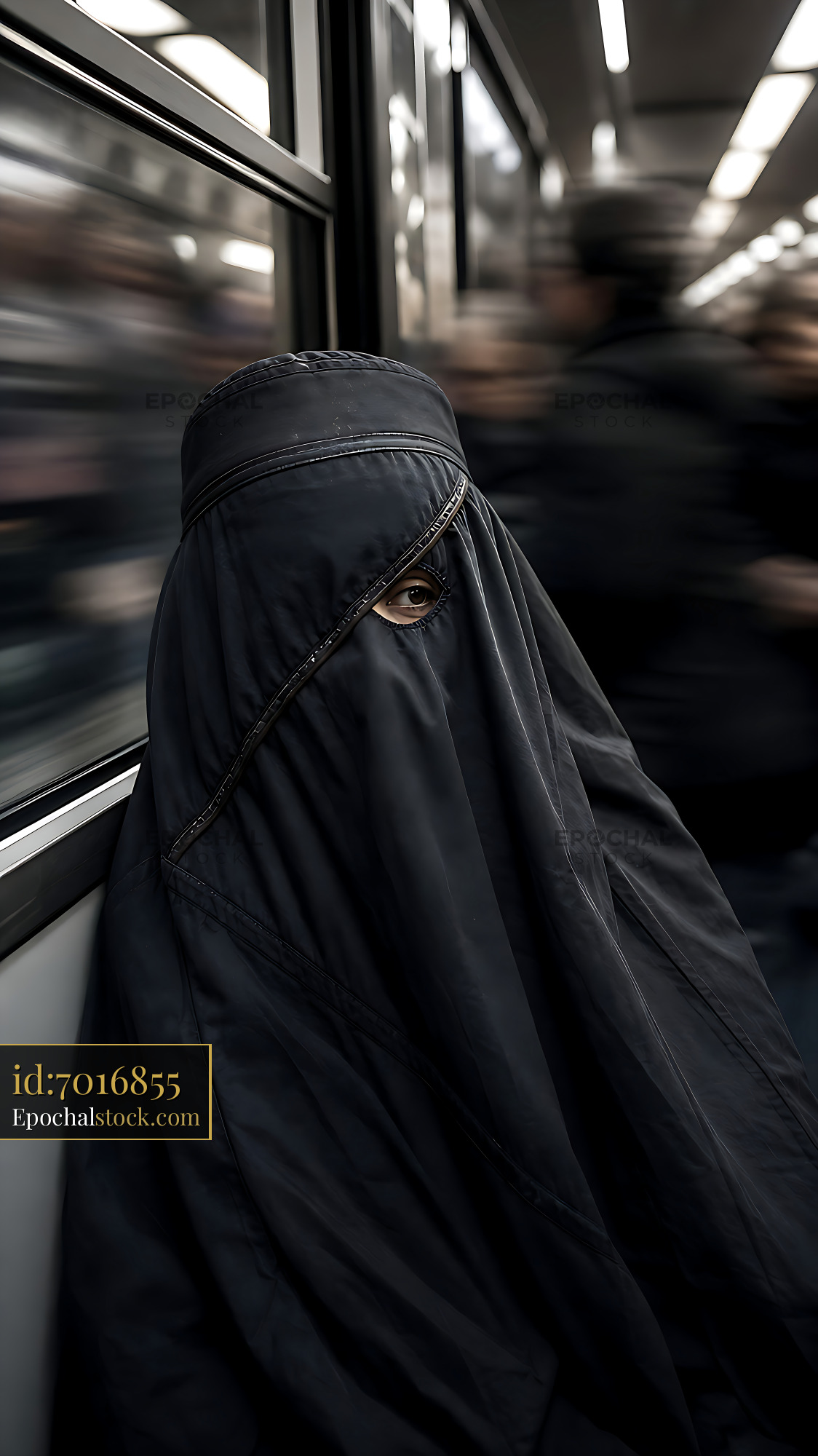 Watermarked full-resolution preview of Person wearing black attire sits alone in subway train